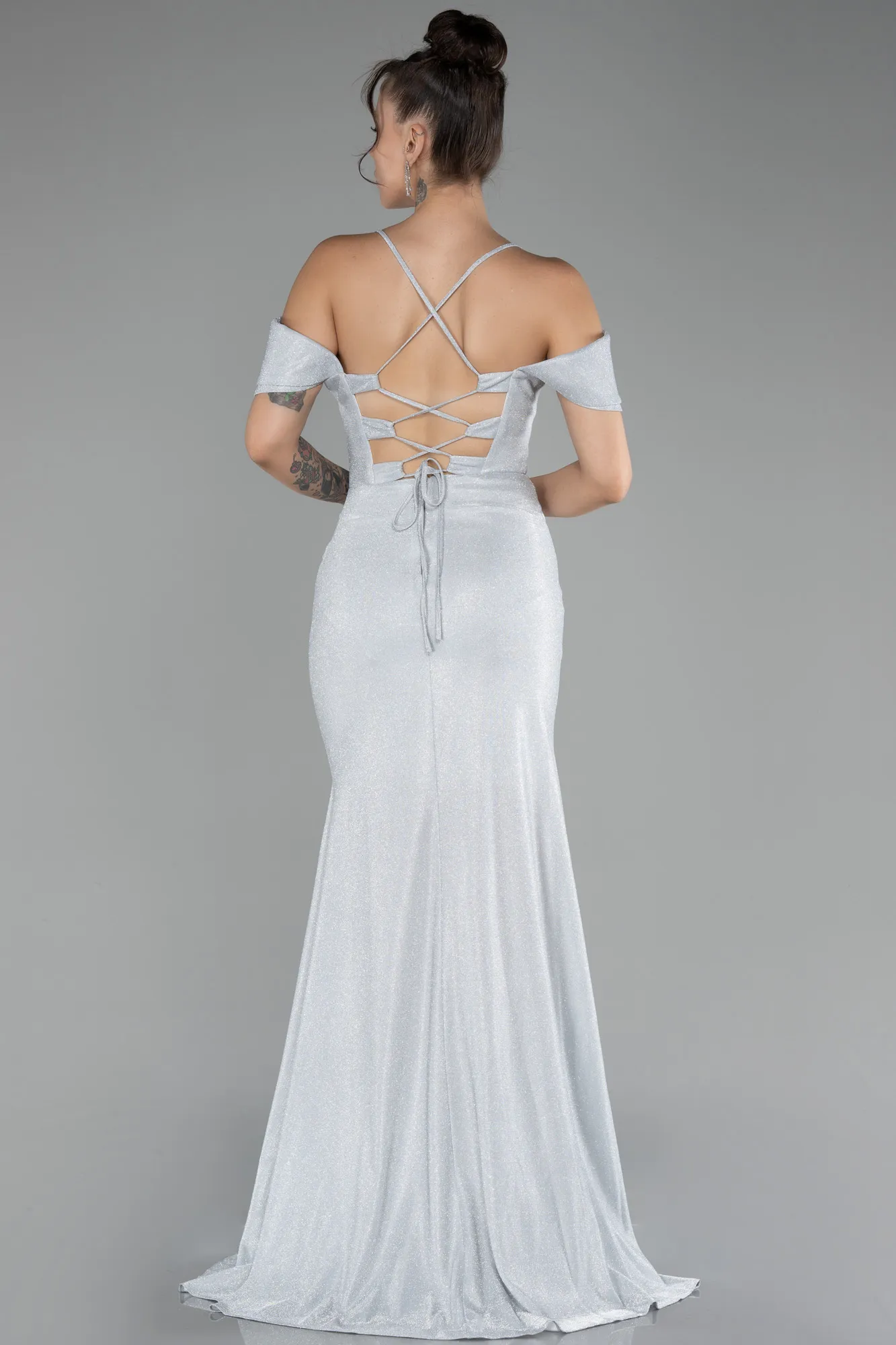 Grey-Slit Long Glitter Evening Dress ABU4212