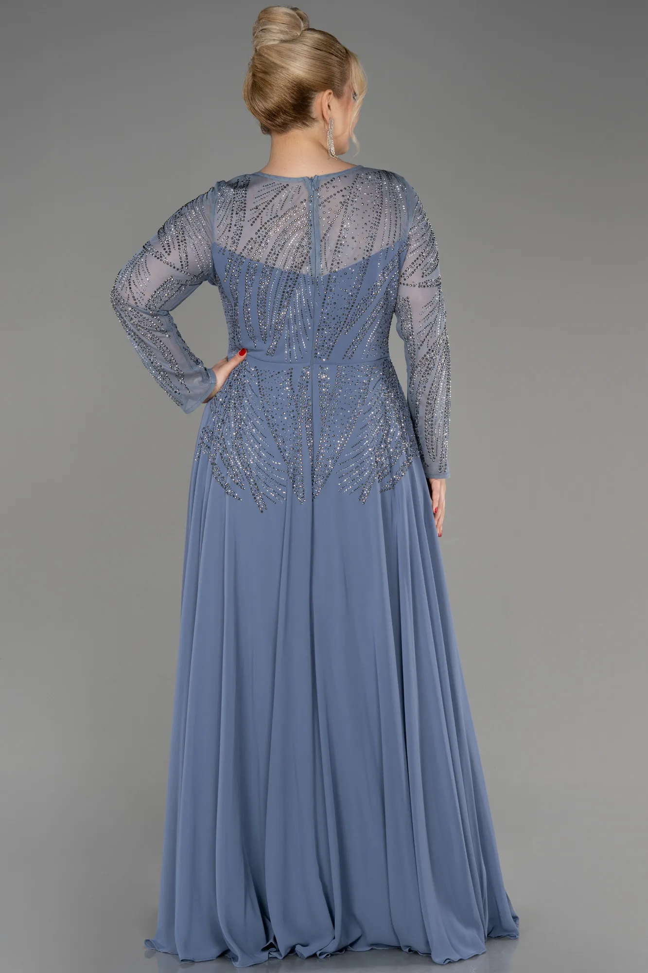 Grey-Stoned Long Sleeve Plus Size Evening Gown ABU3925