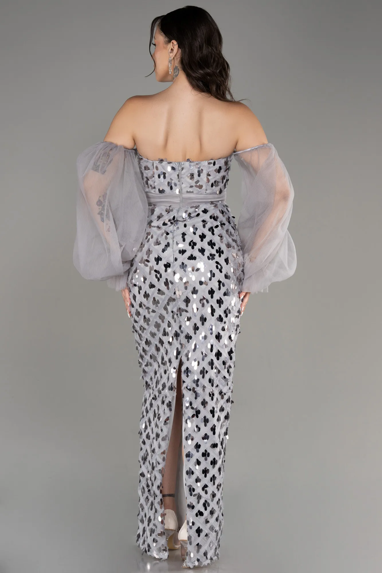 Grey-Strapless Midi Scaly Evening Dress ABK2084