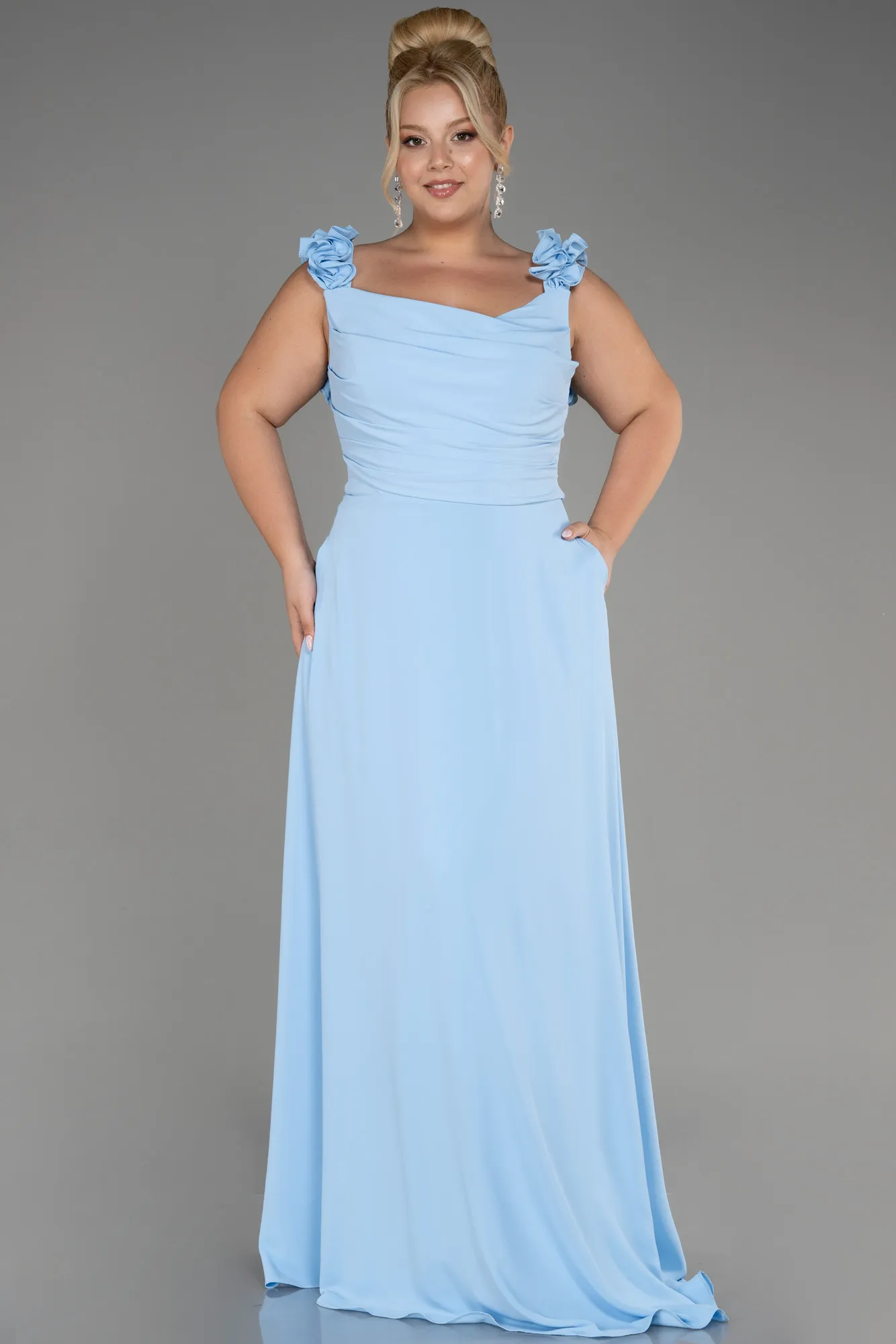 Ice Blue-Boat Neck Long Chiffon Plus Size Evening Dress ABU4026