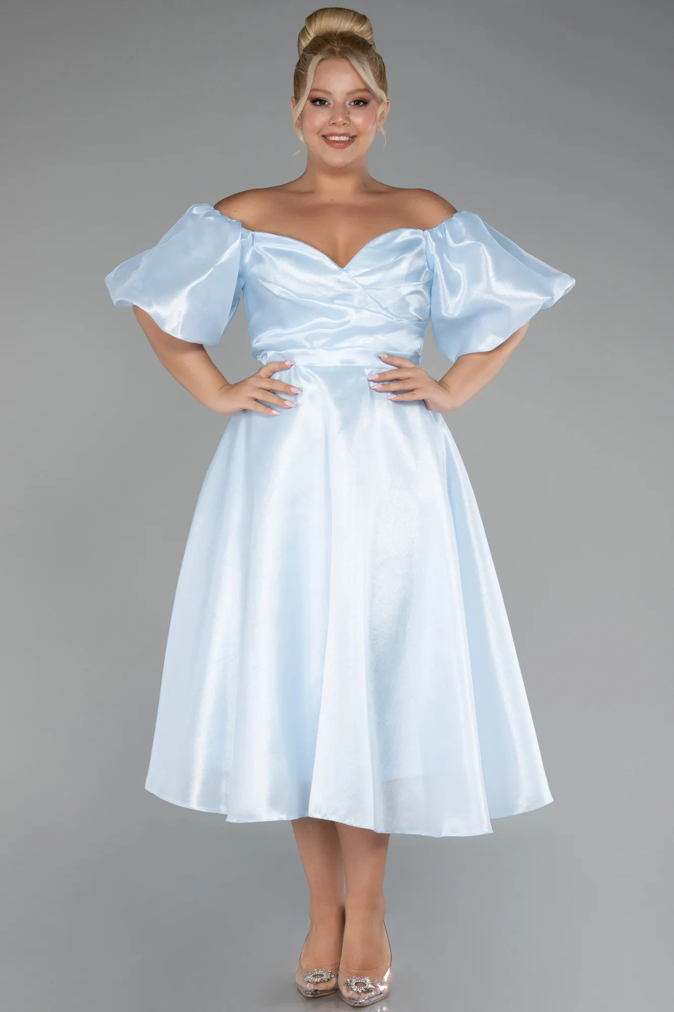 Ice Blue-Boat Neck Midi Plus Size Taffeta Evening Dress ABK2128