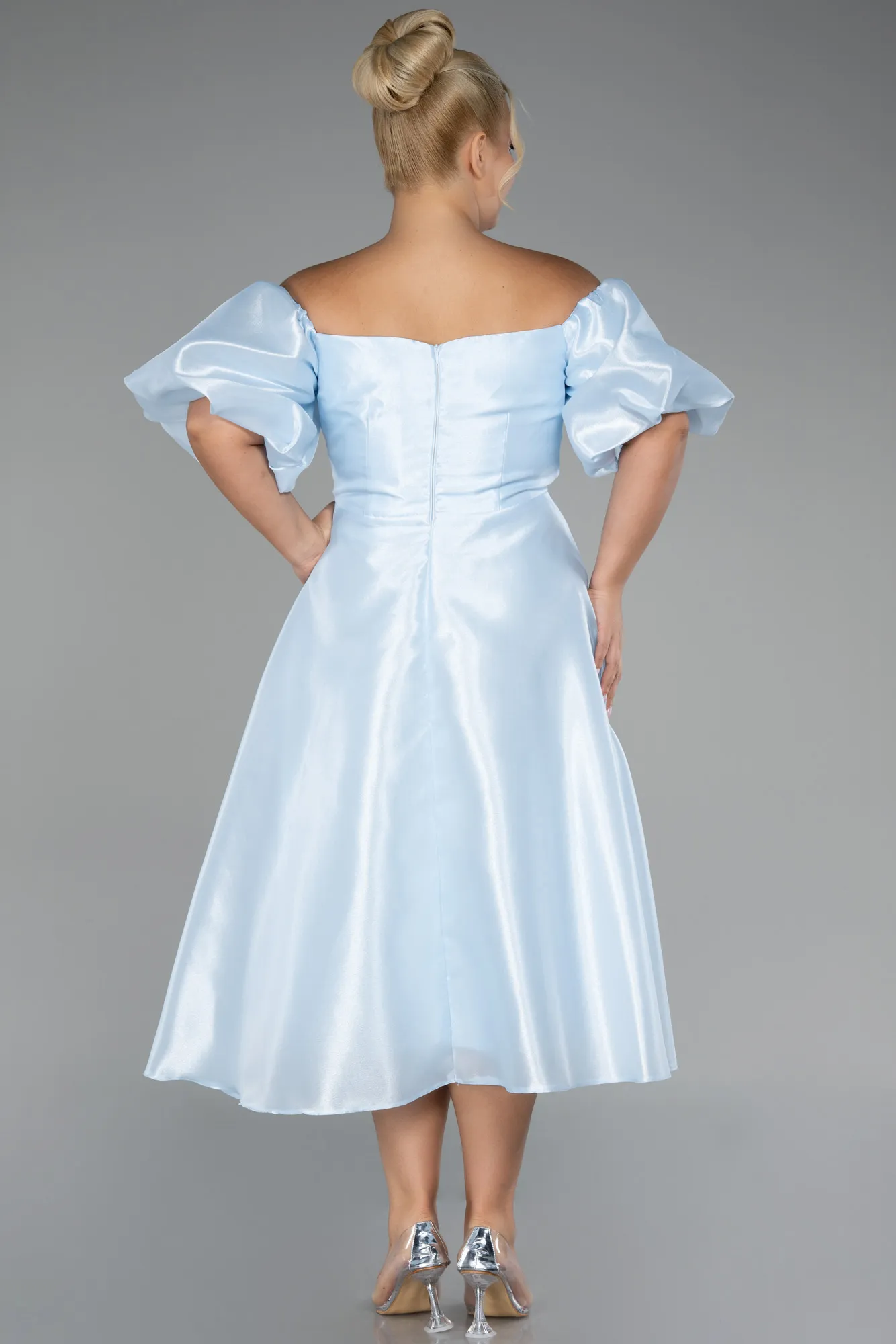 Ice Blue-Boat Neck Midi Plus Size Taffeta Evening Dress ABK2128