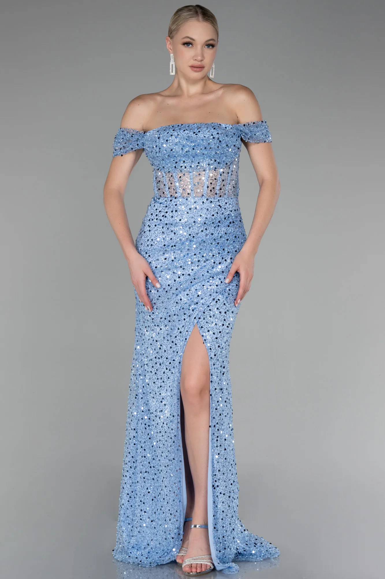 Ice Blue-Boat Neck Slit Long Sequined Evening Gown ABU4120