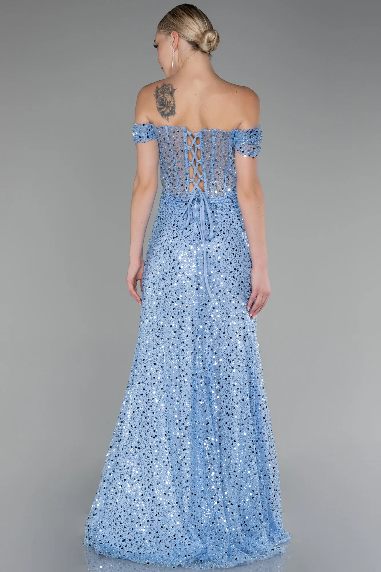 Ice Blue-Boat Neck Slit Long Sequined Evening Gown ABU4120