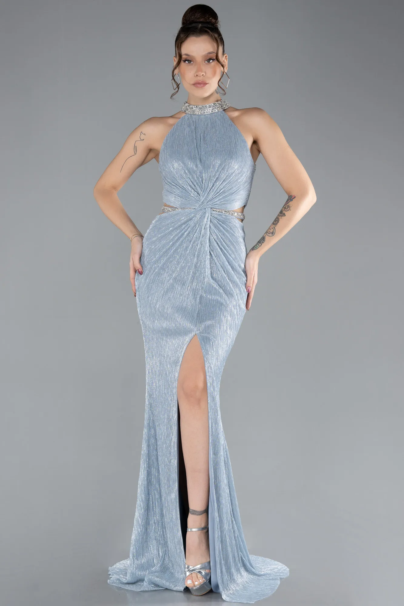 Ice Blue-Halter Neck Slit Long Evening Gown ABU4324