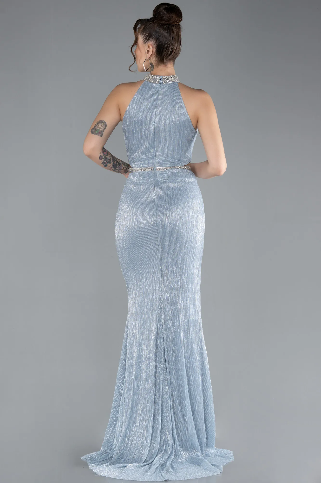 Ice Blue-Halter Neck Slit Long Evening Gown ABU4324