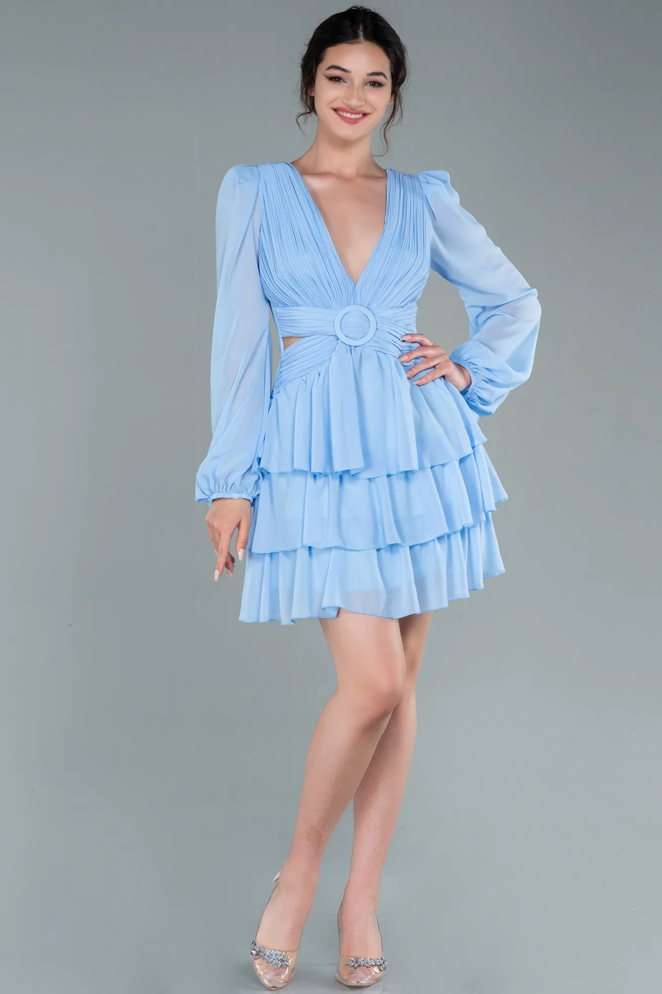 Ice Blue-Mini Chiffon Invitation Dress ABK1899