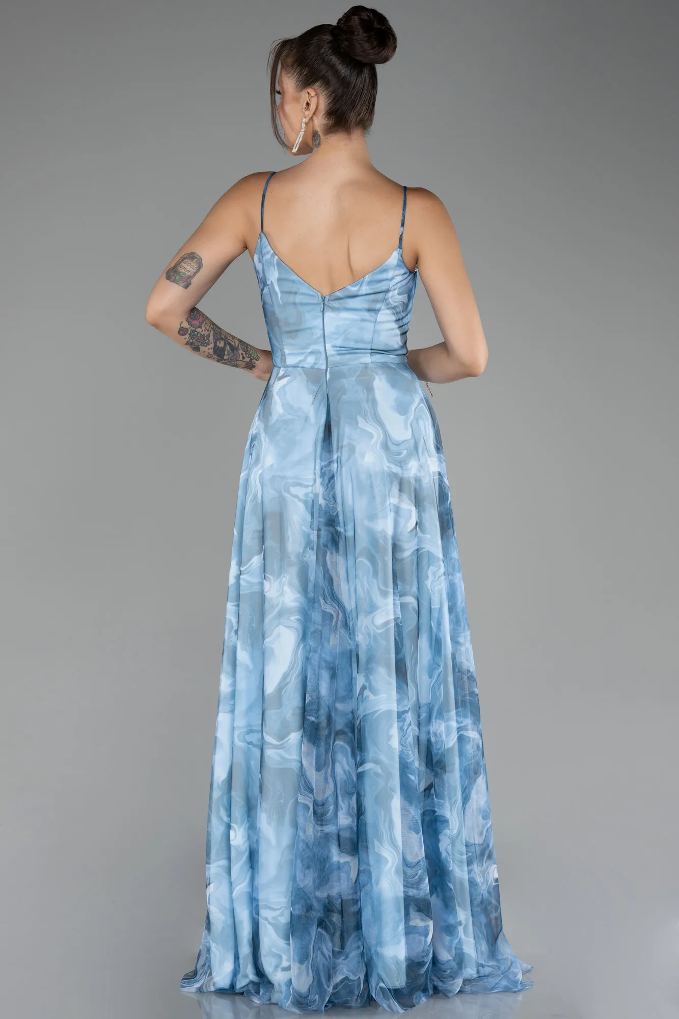 Ice Blue-Slit Long Printed Prom Dress ABU4359