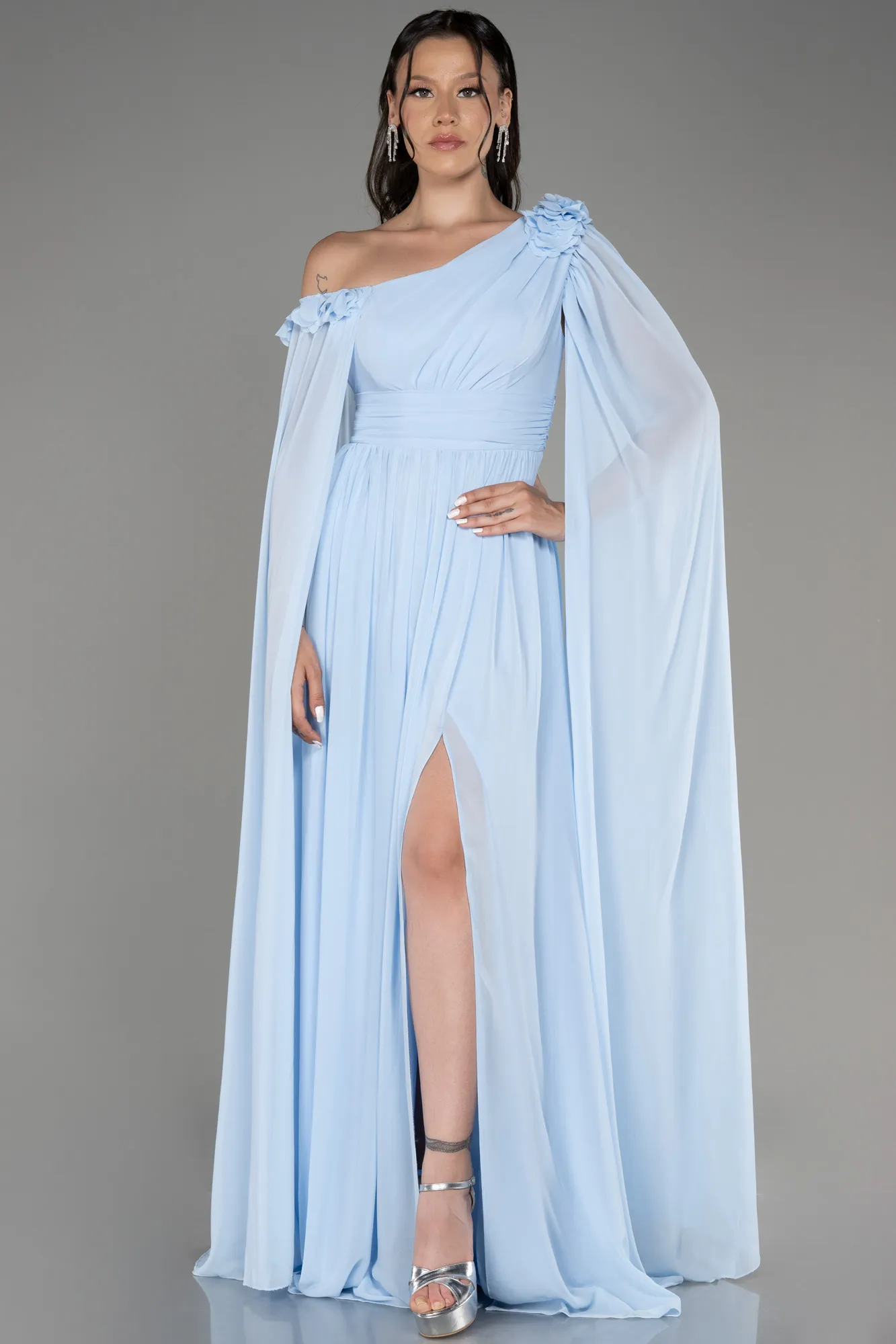 Ice Blue-Slit Shawl Long Chiffon Evening Dress ABU4001