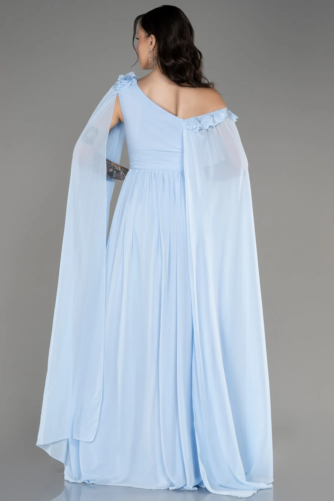 Ice Blue-Slit Shawl Long Chiffon Evening Dress ABU4001