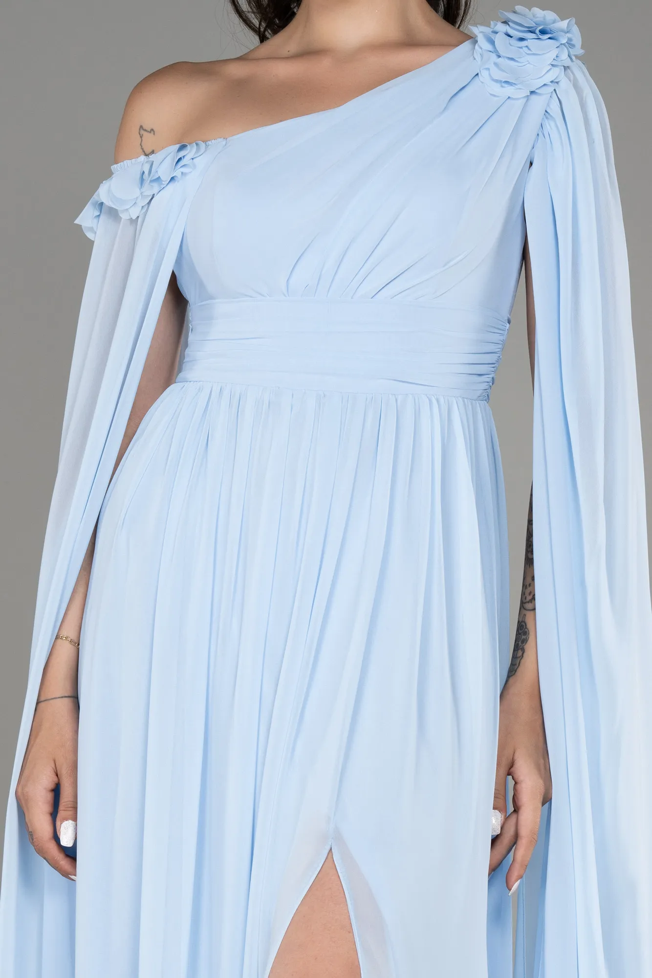 Ice Blue-Slit Shawl Long Chiffon Evening Dress ABU4001