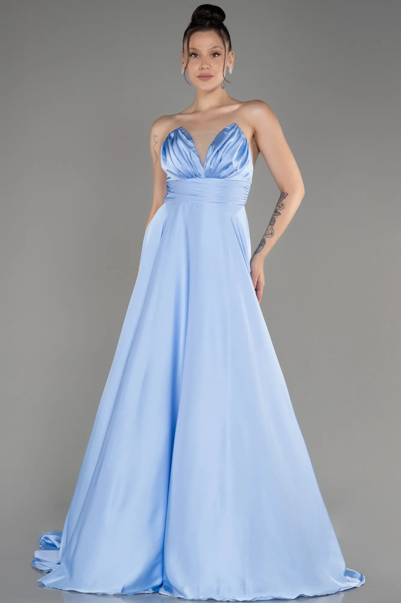 Ice Blue-Strapless Long Satin Prom Dress ABU3965