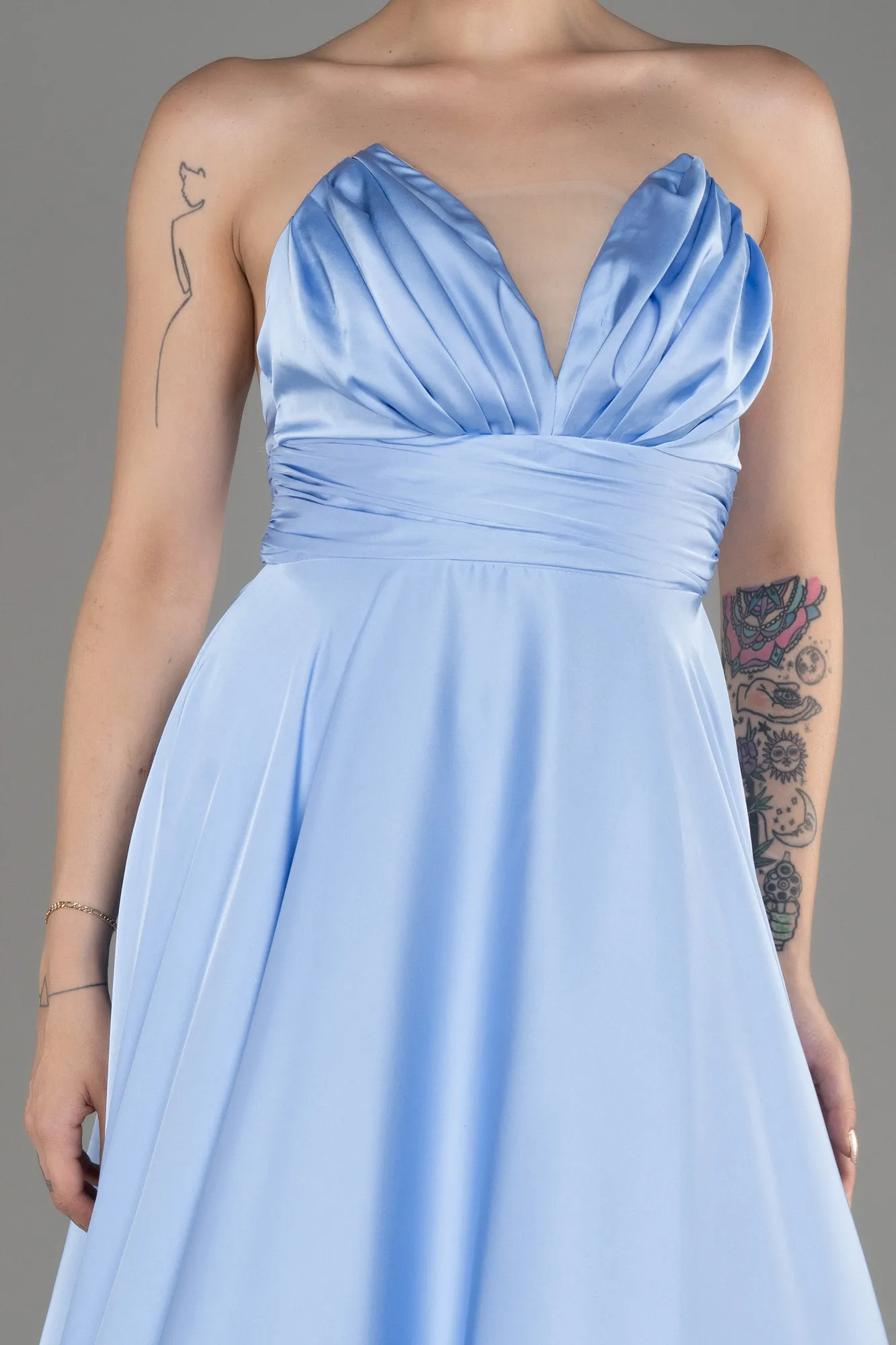 Ice Blue-Strapless Long Satin Prom Dress ABU3965