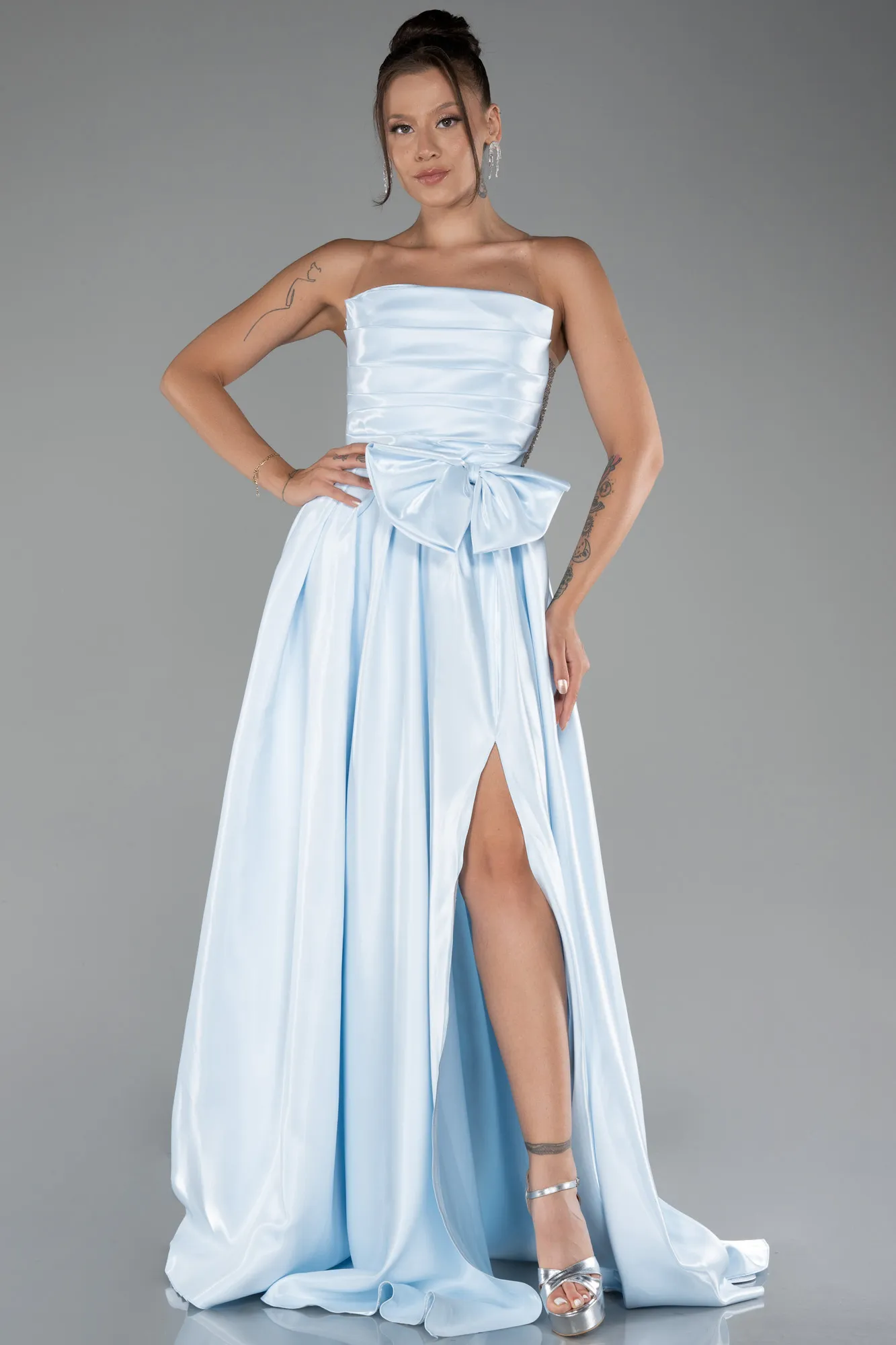 Ice Blue-Strapless Slit Long Ball Gown ABU4015