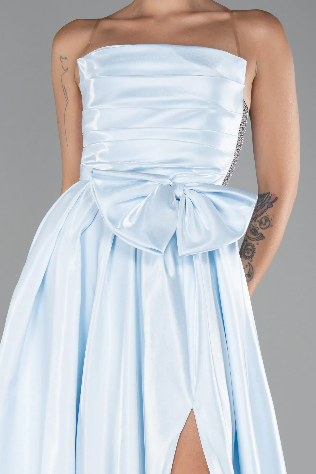 Ice Blue-Strapless Slit Long Ball Gown ABU4015