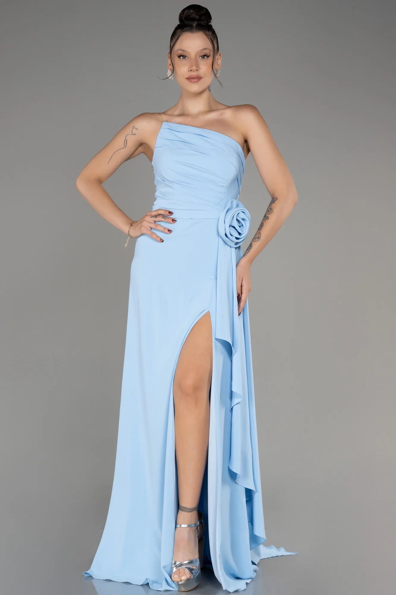 Ice Blue-Strapless Slit Long Chiffon Evening Dress ABU3974