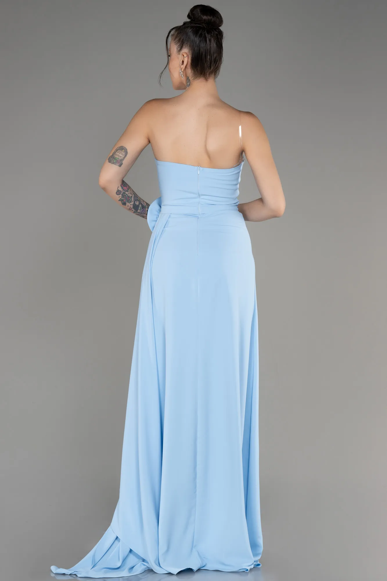 Ice Blue-Strapless Slit Long Chiffon Evening Dress ABU3974