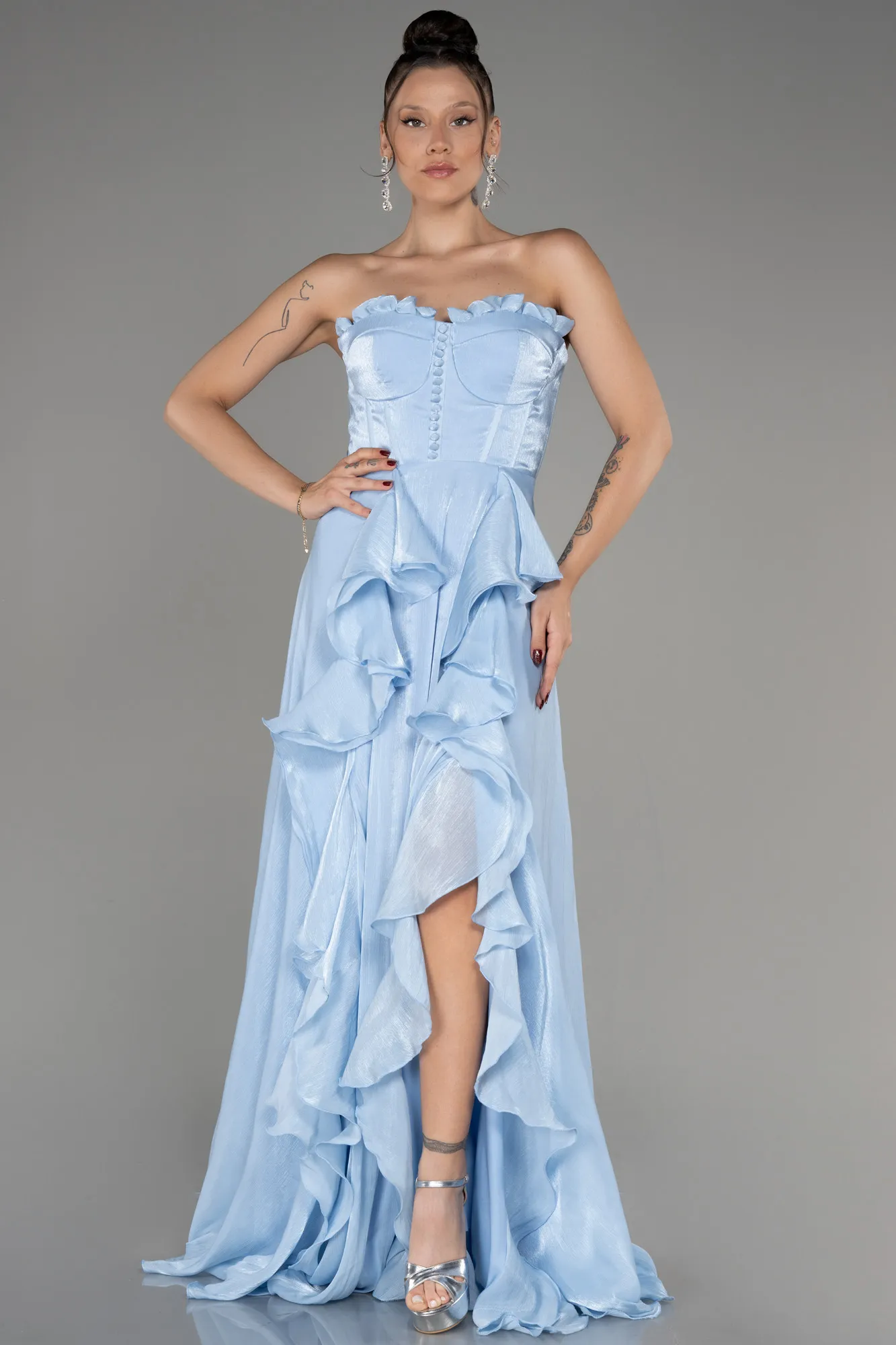 Ice Blue-Strapless Slit Long Chiffon Prom Dress ABU4012