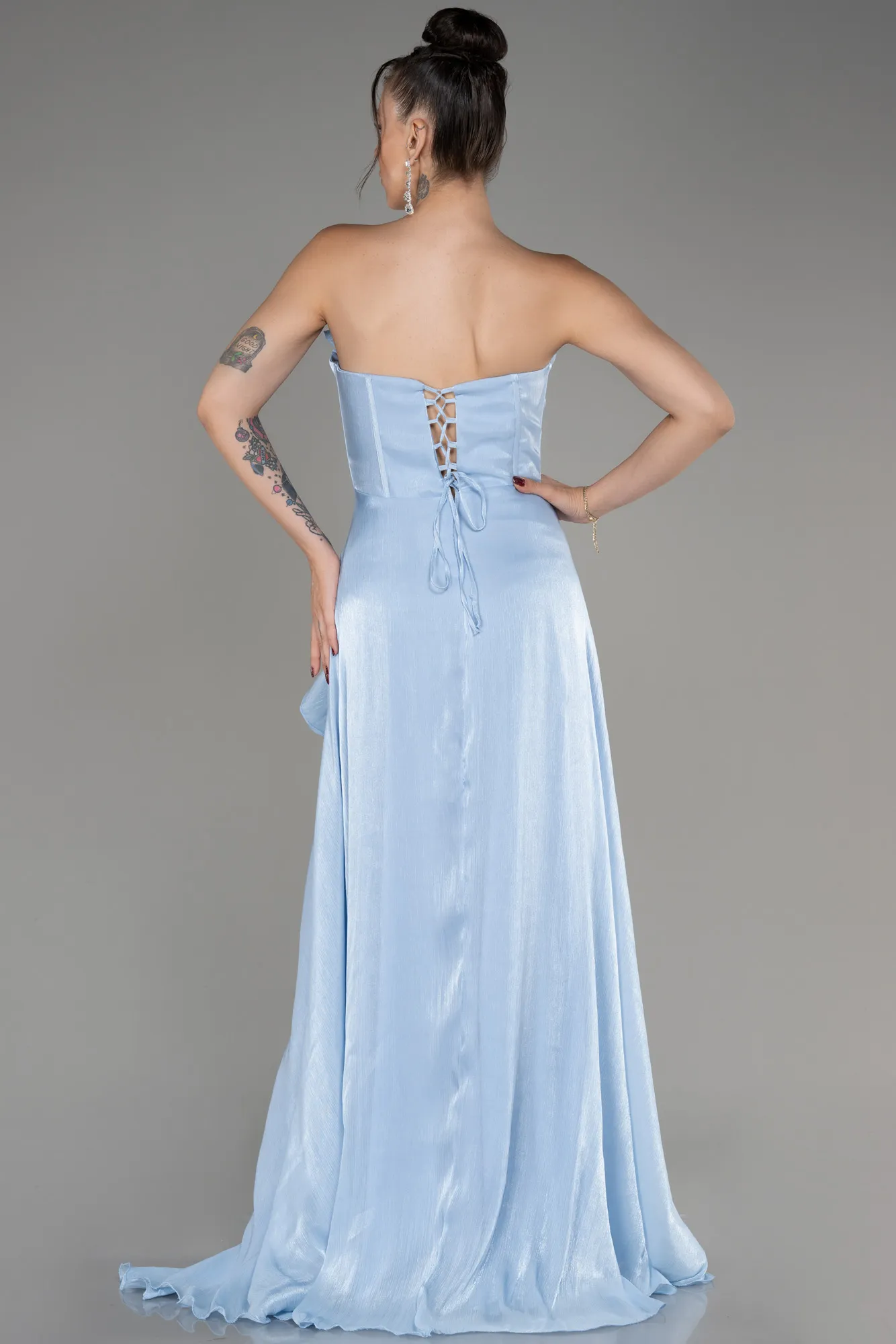 Ice Blue-Strapless Slit Long Chiffon Prom Dress ABU4012