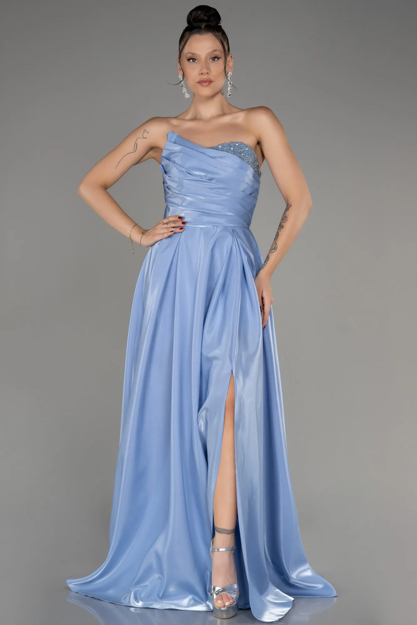 Ice Blue-Strapless Slit Long Prom Dress ABU4036