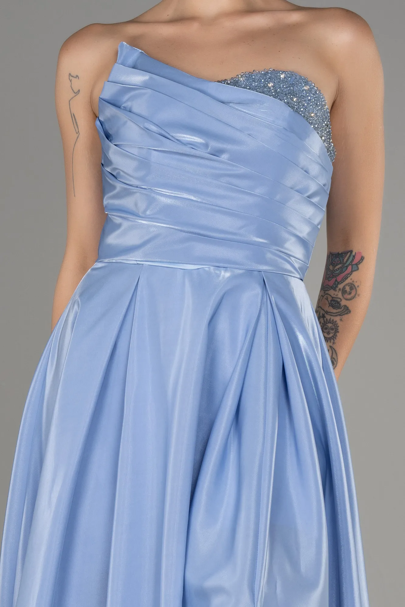 Ice Blue-Strapless Slit Long Prom Dress ABU4036