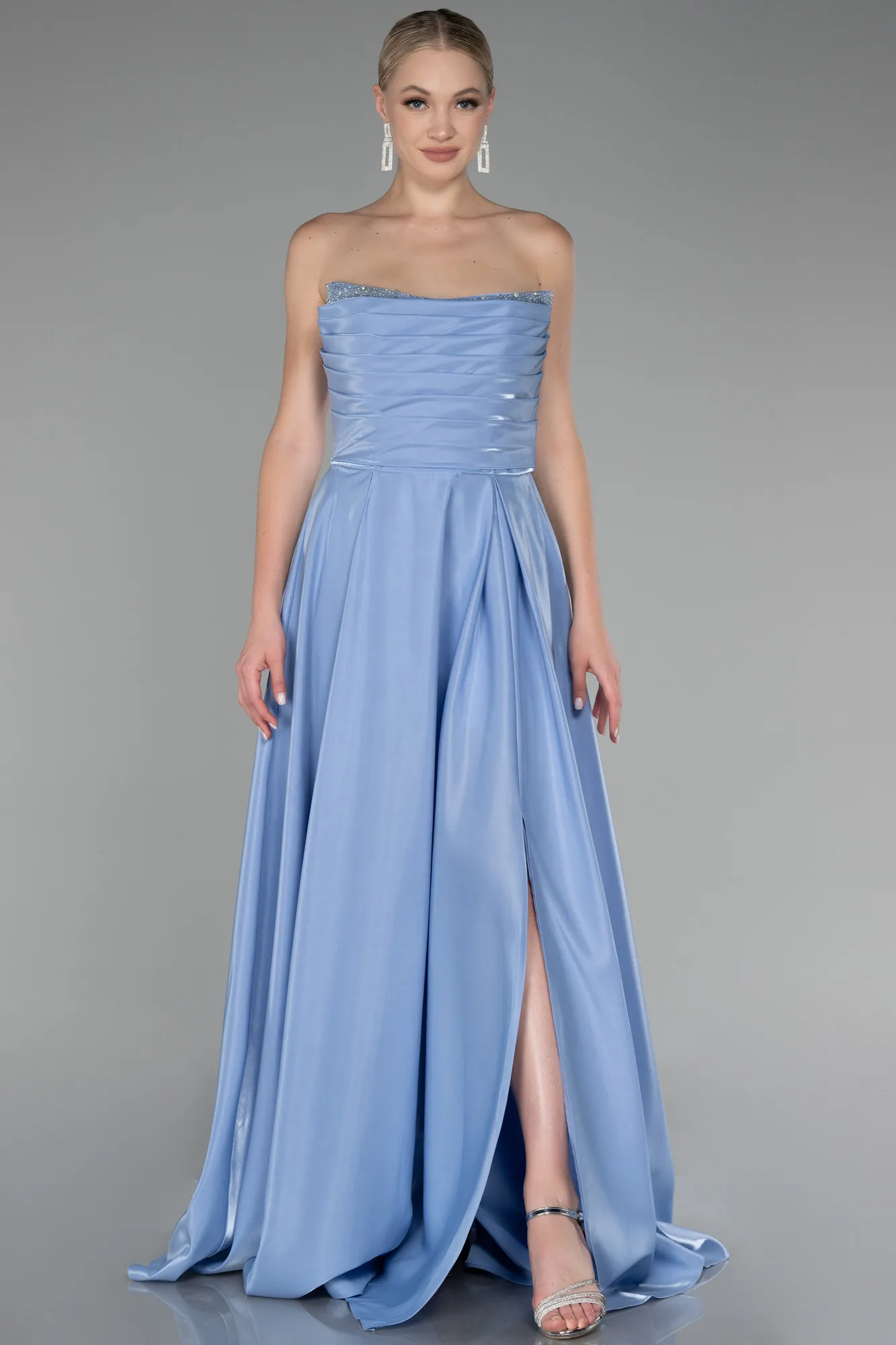 Ice Blue-Strapless Slit Long Stin Prom Dress ABU4013