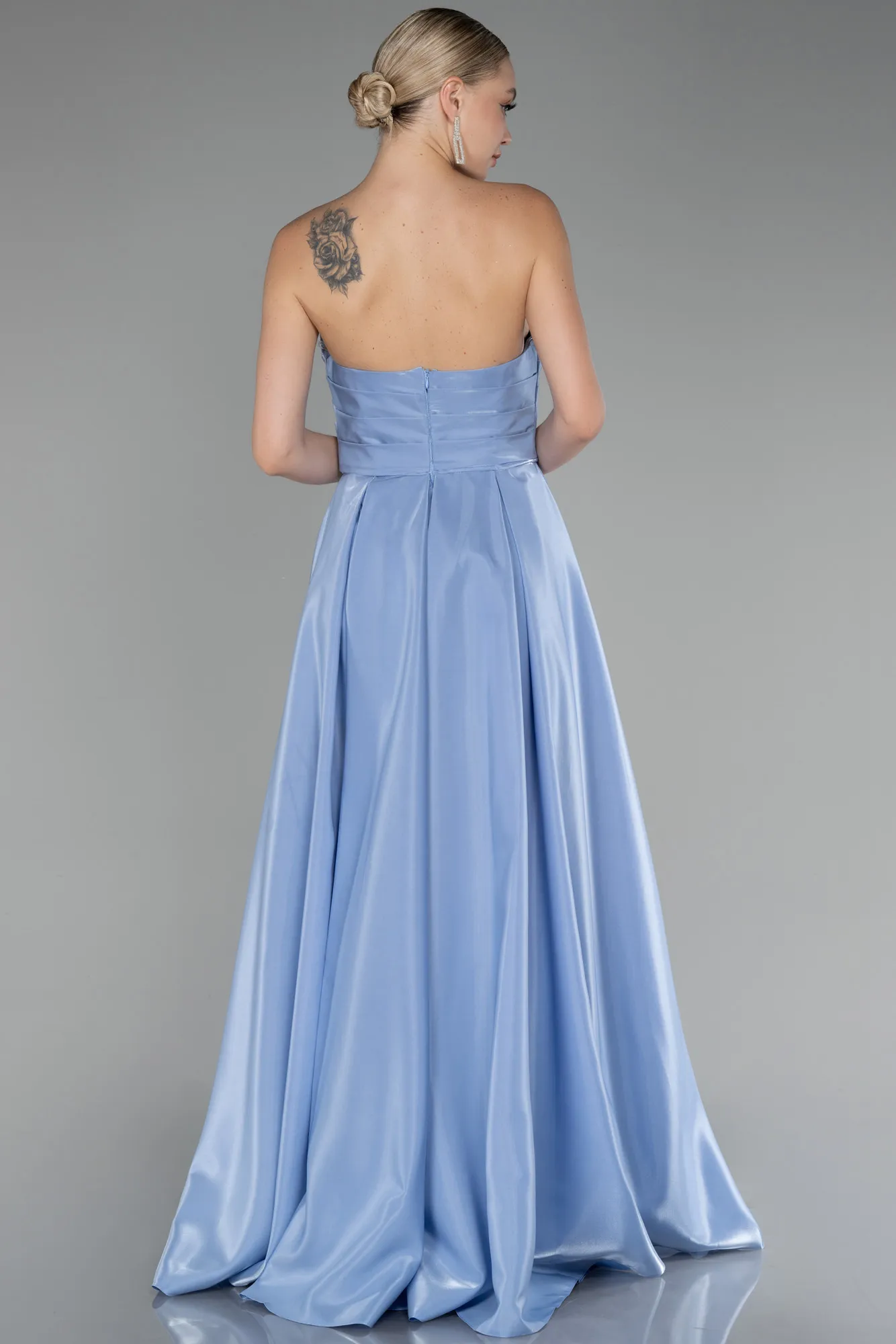 Ice Blue-Strapless Slit Long Stin Prom Dress ABU4013