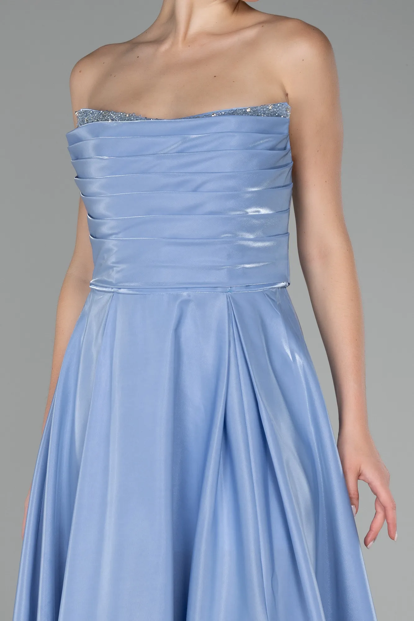 Ice Blue-Strapless Slit Long Stin Prom Dress ABU4013