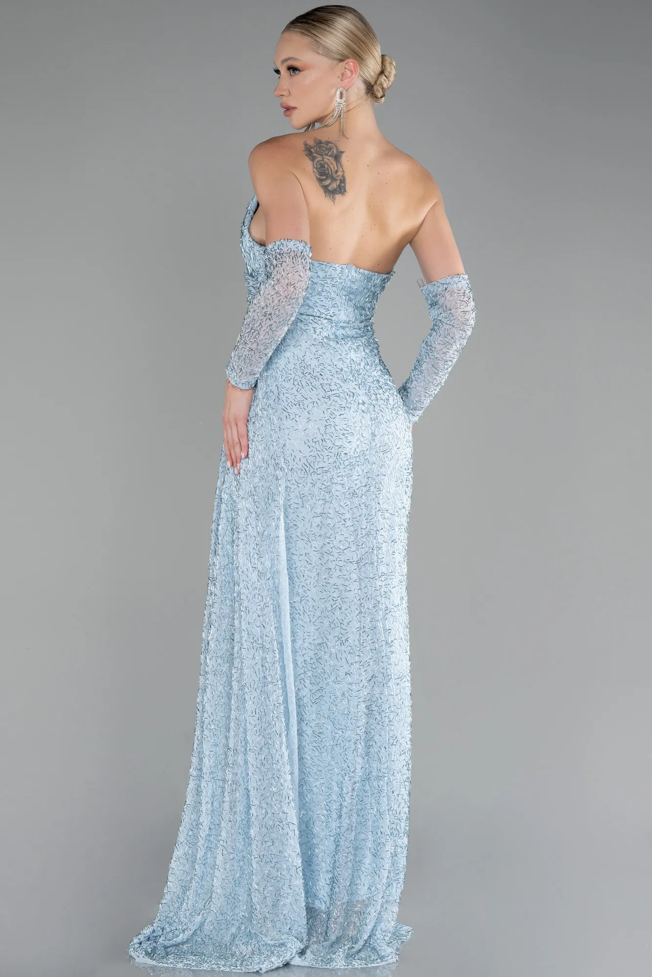 Ice Blue-Strapless Stony Long Slit Prom Gown ABU4163