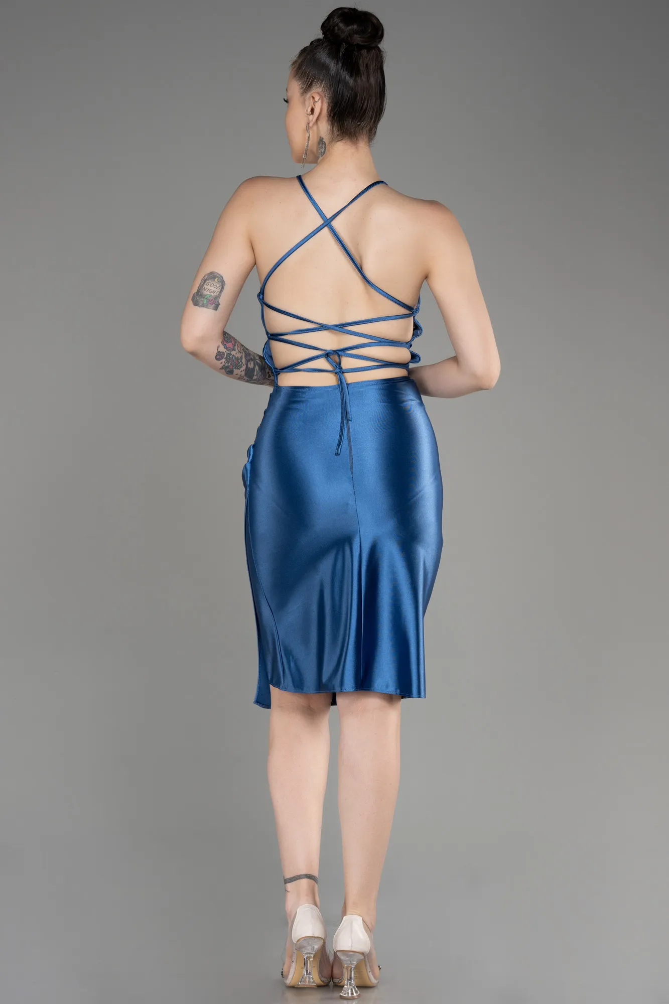 Indigo-Backless Short Satin Cocktail Dress ABK2078