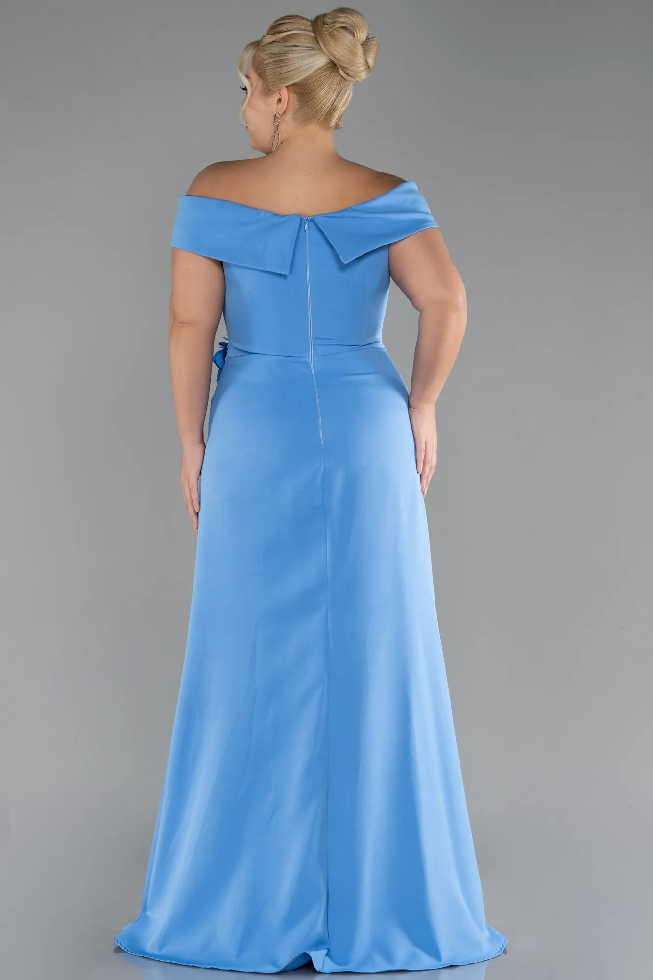 Indigo-Boat Neck Slit Long Plus Size Evening Dress ABU4200