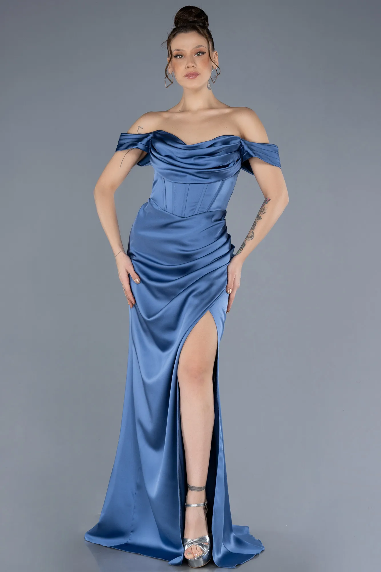 Indigo-Boat Neck Slit Satin Long Prom Gown ABU4582