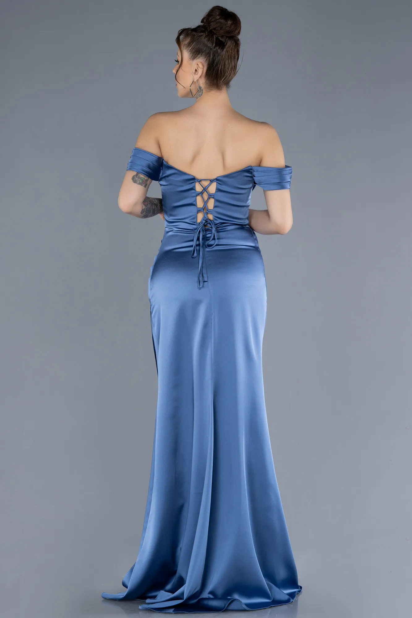 Indigo-Boat Neck Slit Satin Long Prom Gown ABU4582