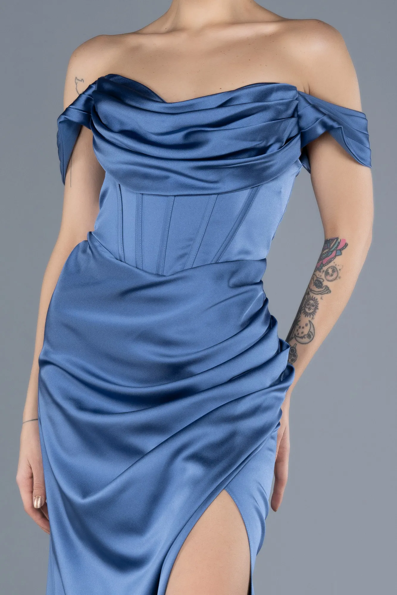 Indigo-Boat Neck Slit Satin Long Prom Gown ABU4582