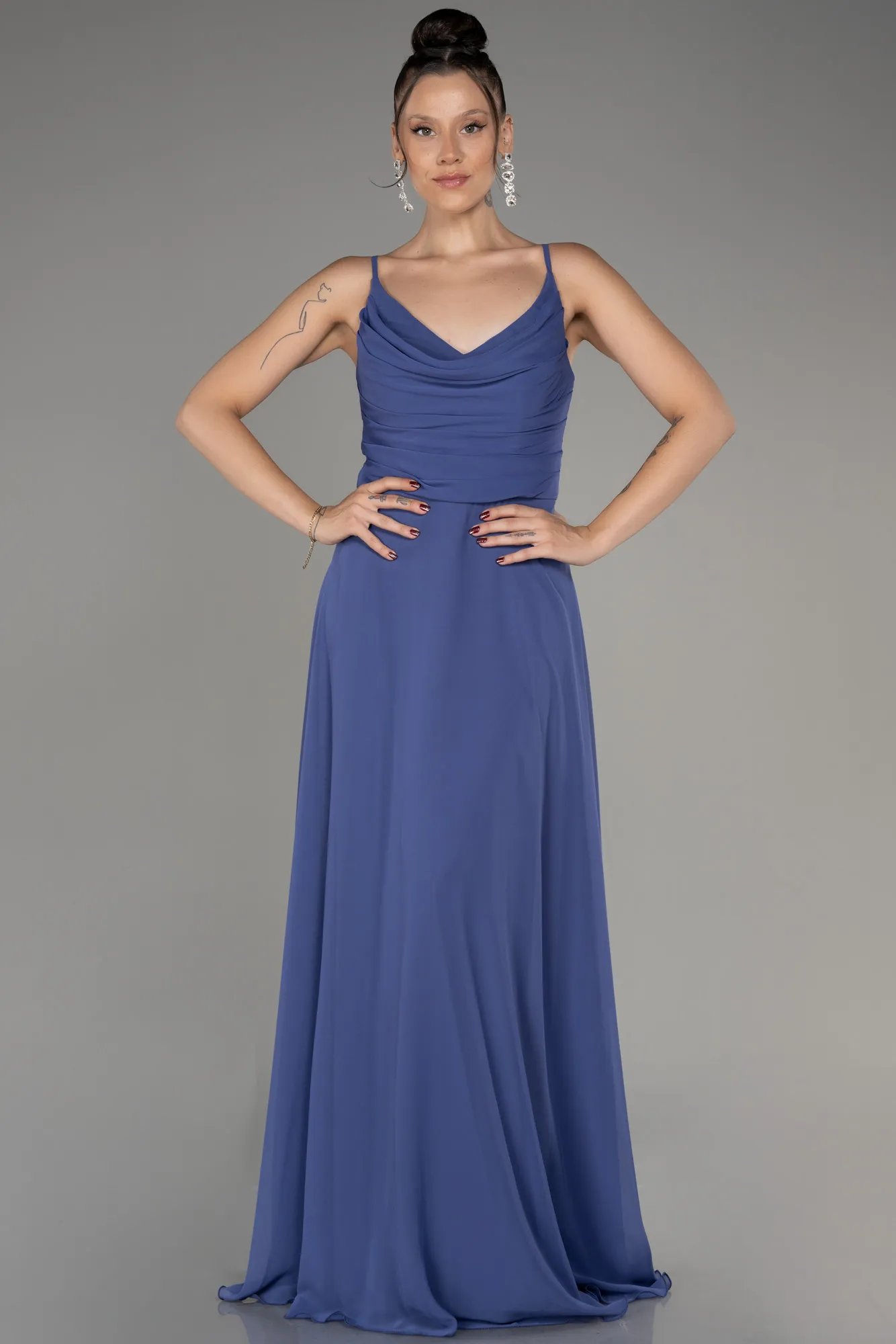 Indigo-Cowl Neck Long Chiffon Evening Dress ABU4041