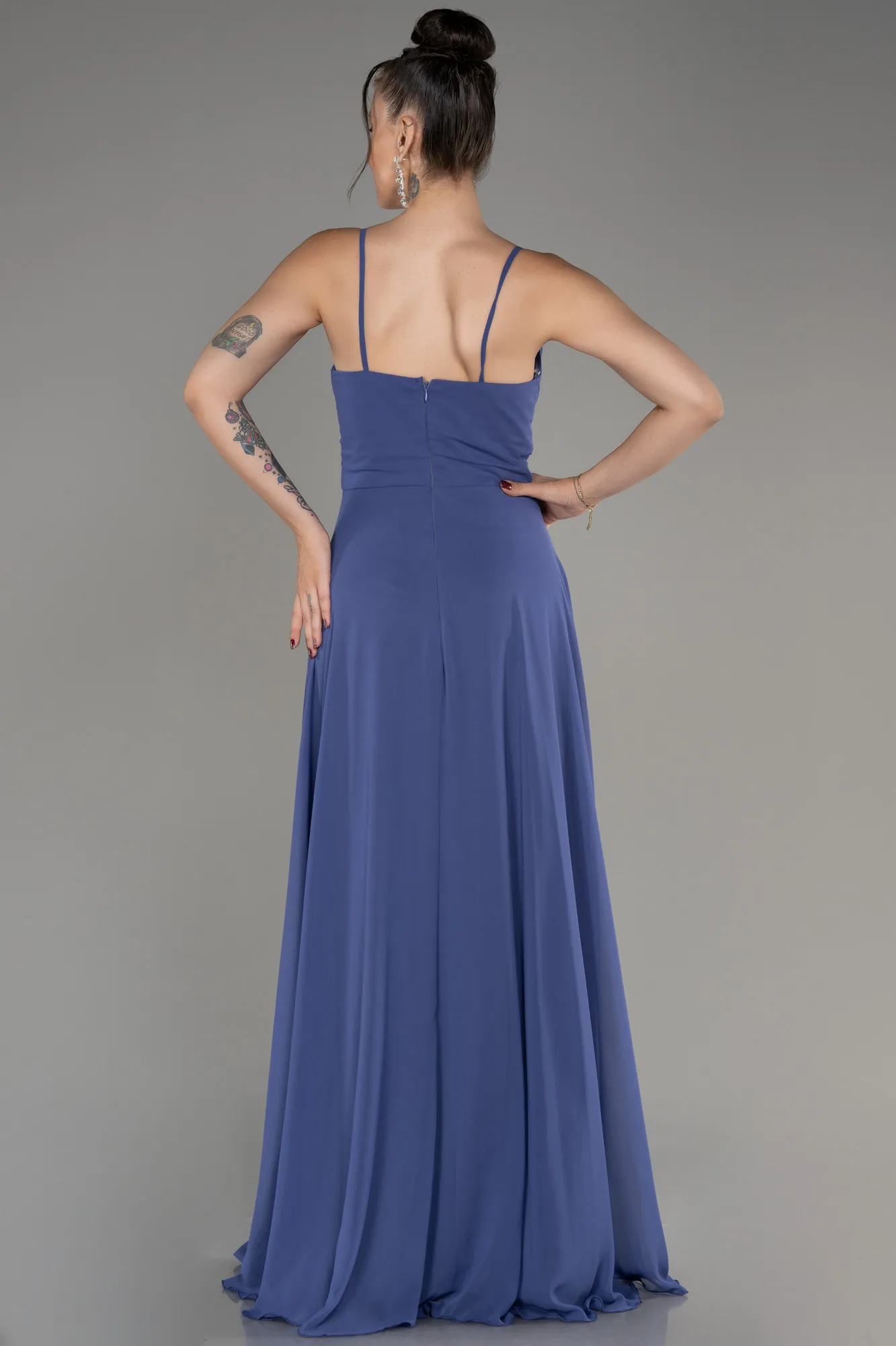 Indigo-Cowl Neck Long Chiffon Evening Dress ABU4041