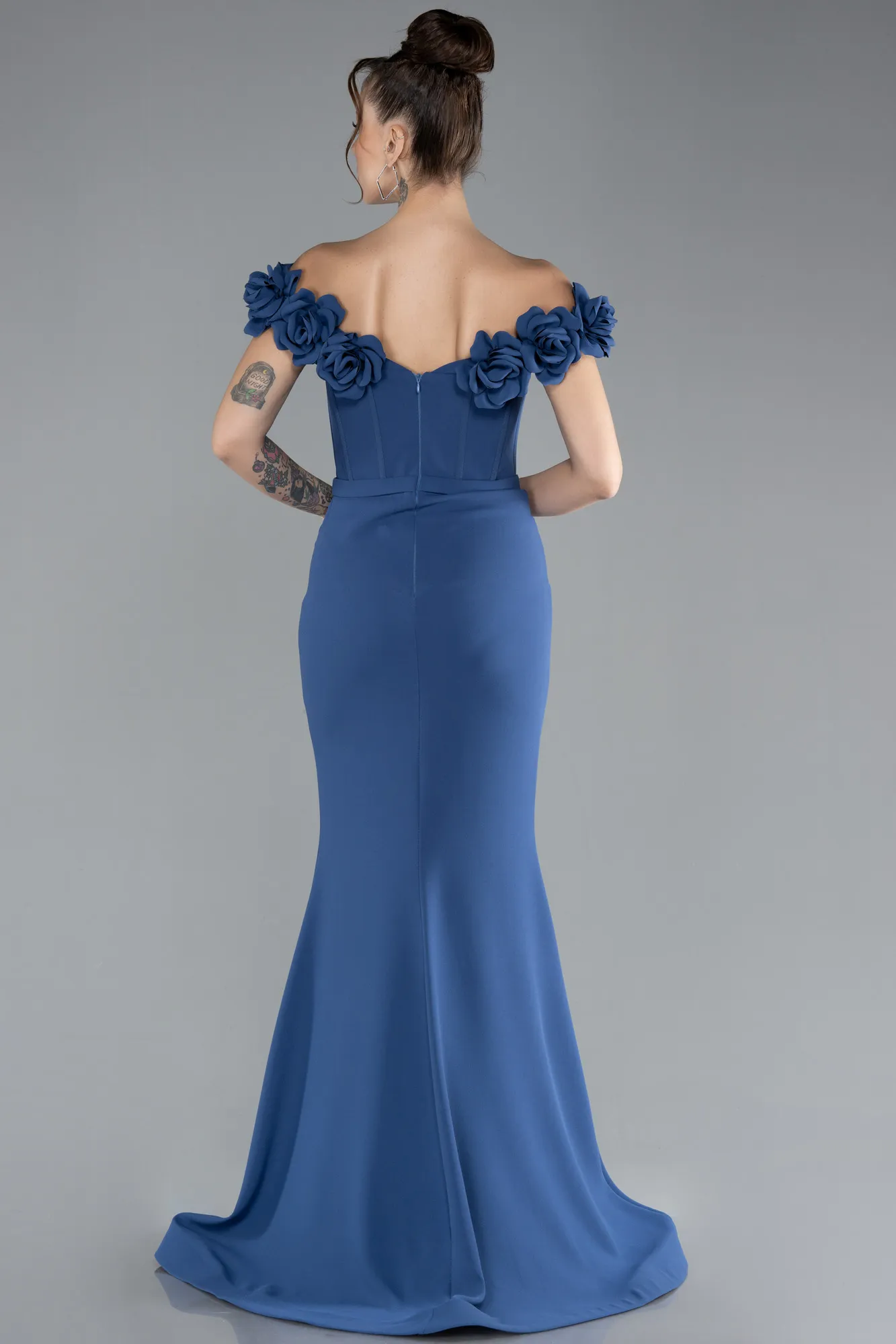 Indigo-Floral Boat Neck Slit Long Evening Gown ABU4387