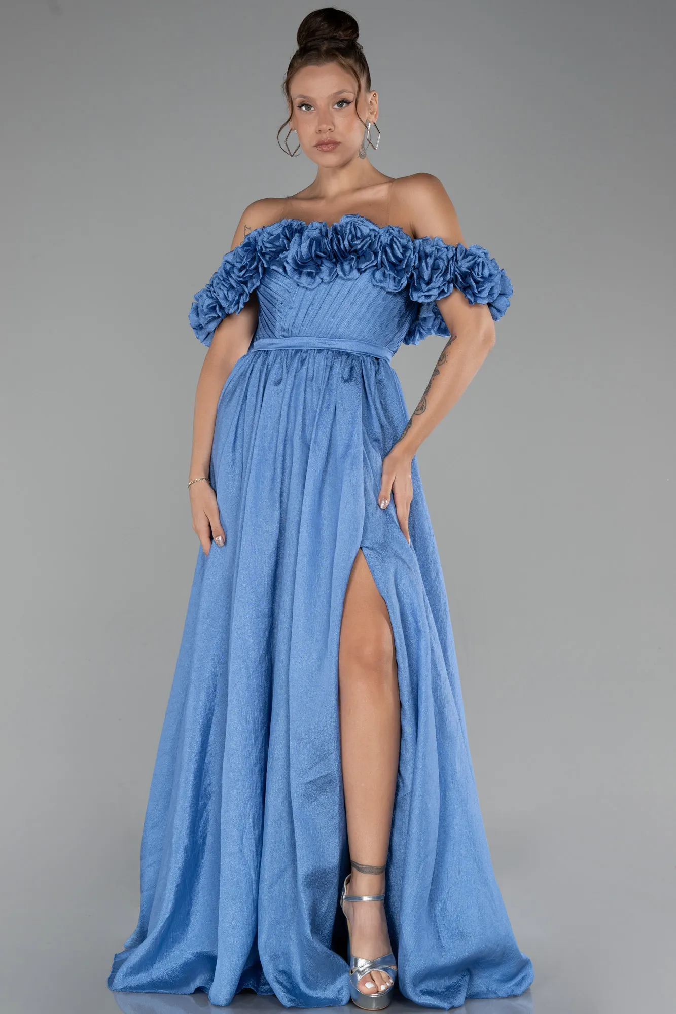 Indigo-Floral Boat Neck Slit Long Prom Dress ABU4278