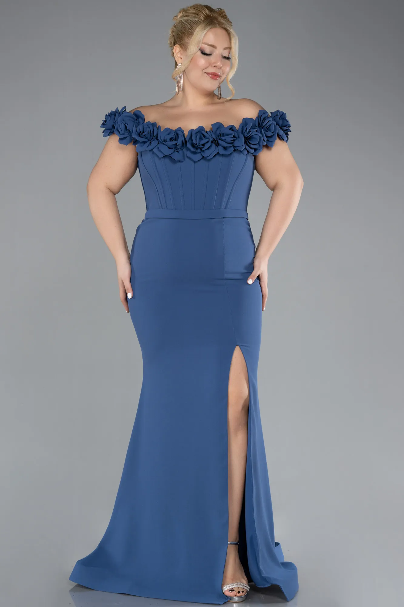 Indigo-Floral Collar Slit Long Plus Size Evening Gown ABU4388