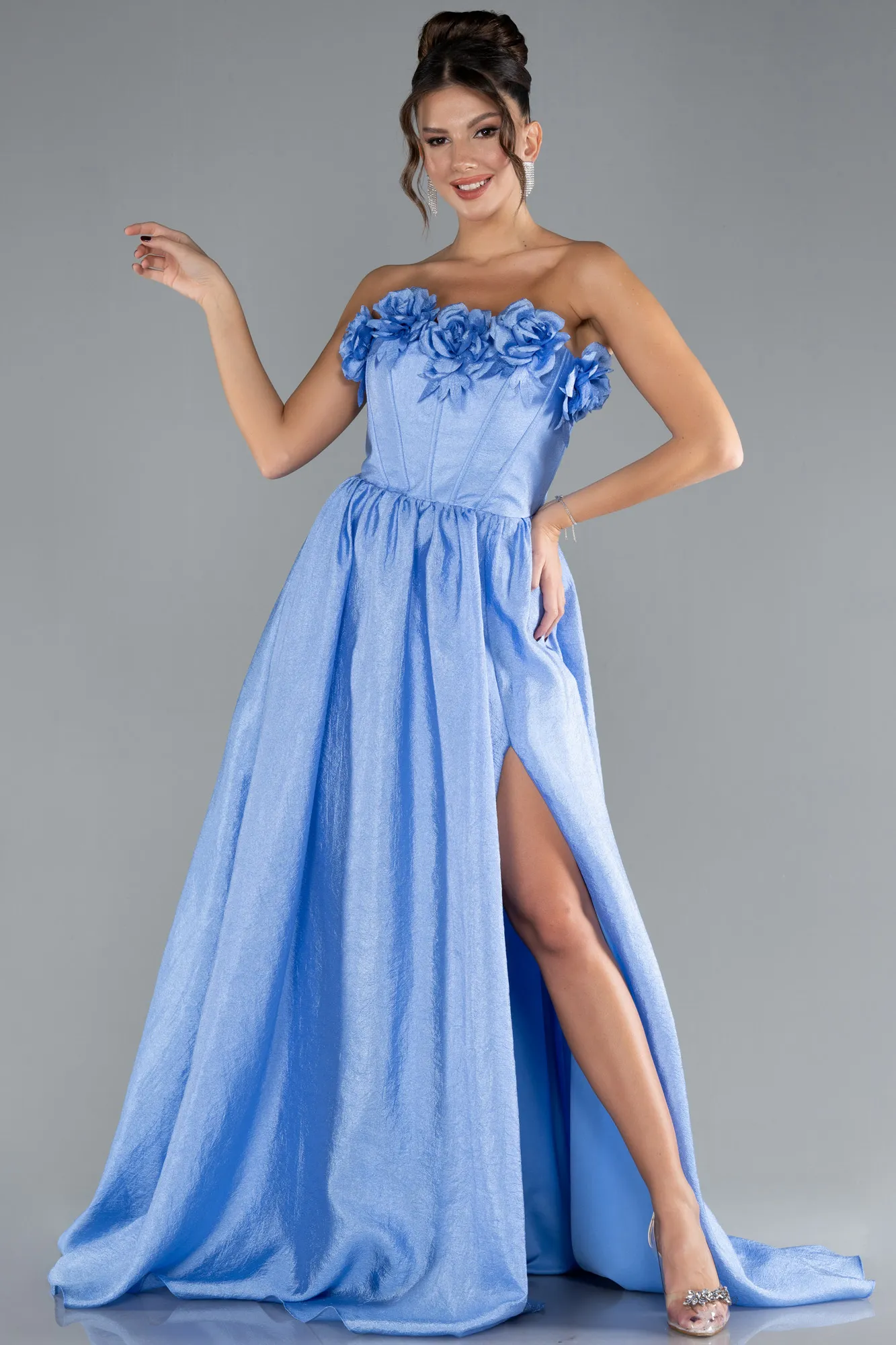 Indigo-Floral Strapless Collar Slit Long Prom Gown ABU4337