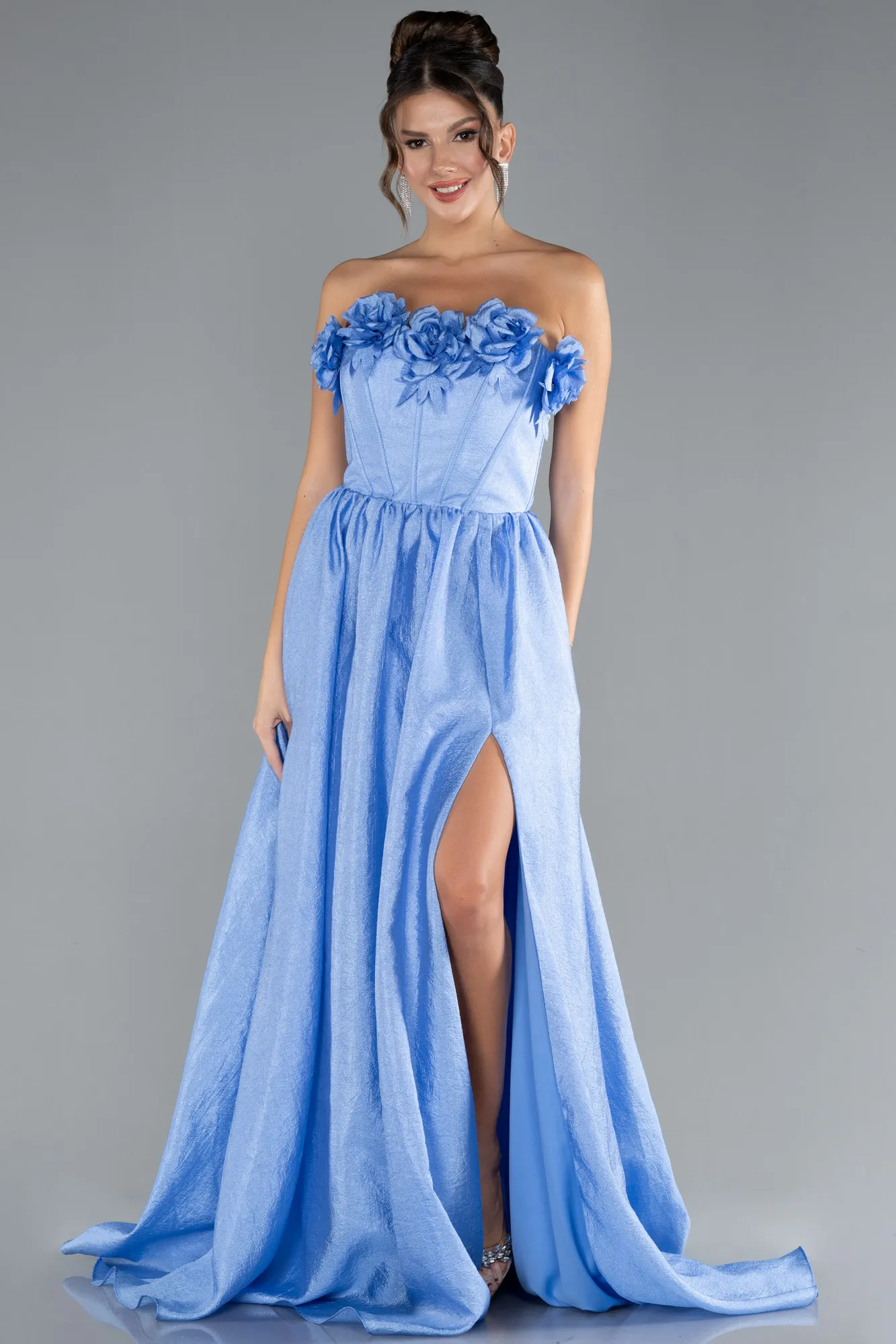 Indigo-Floral Strapless Collar Slit Long Prom Gown ABU4337