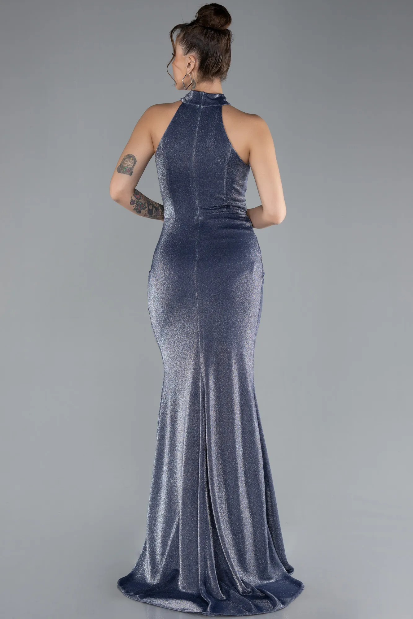 Indigo-Halter Neck Slit Long Glitter Prom Gown ABU4383