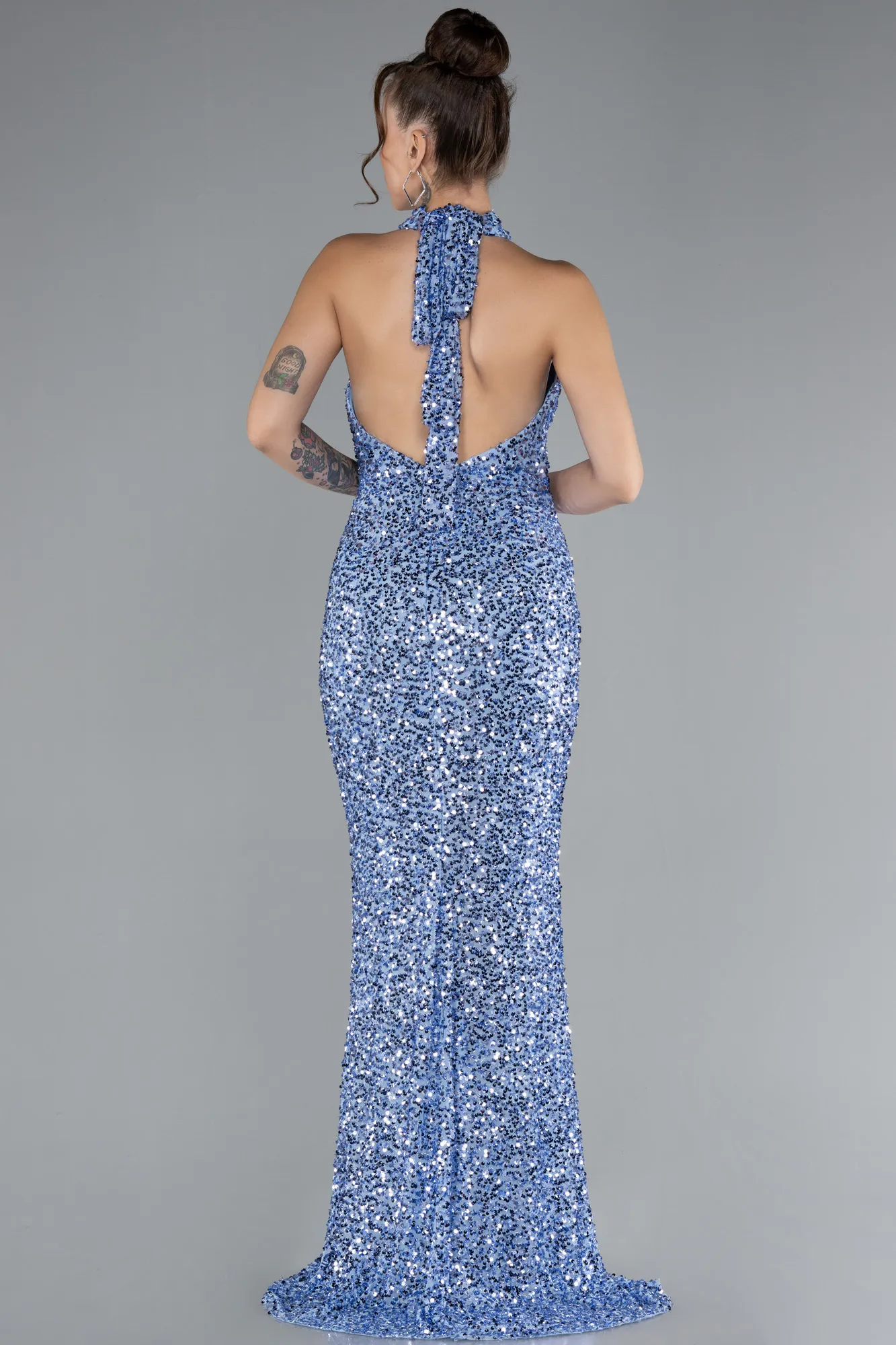 Indigo-Halter Neck Slit Long Scaly Evening Gown ABU4306