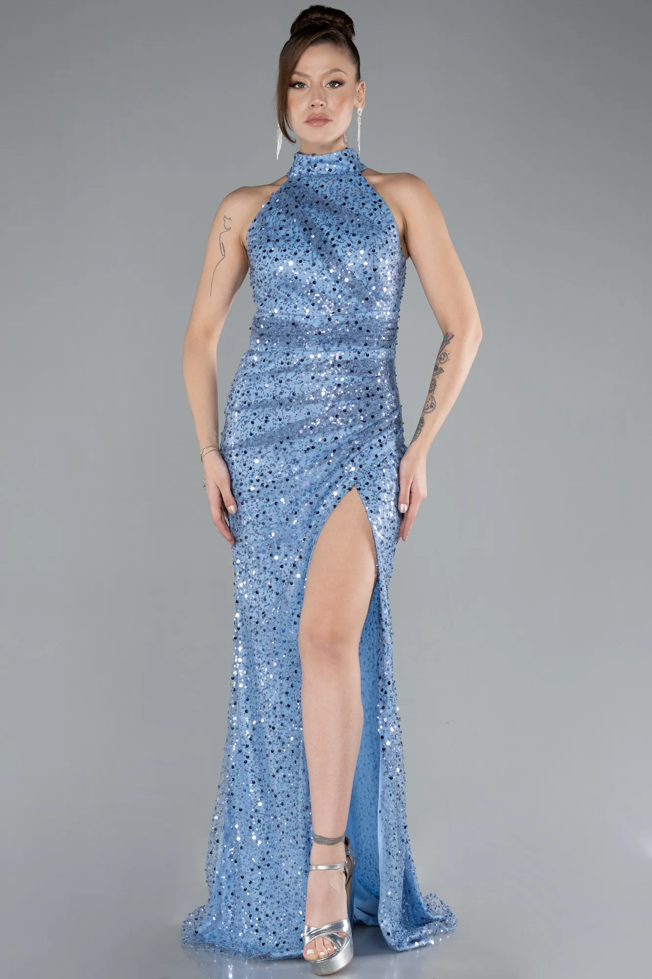 Indigo-Halter Neck Slit Long Scaly Evening Gown ABU4376