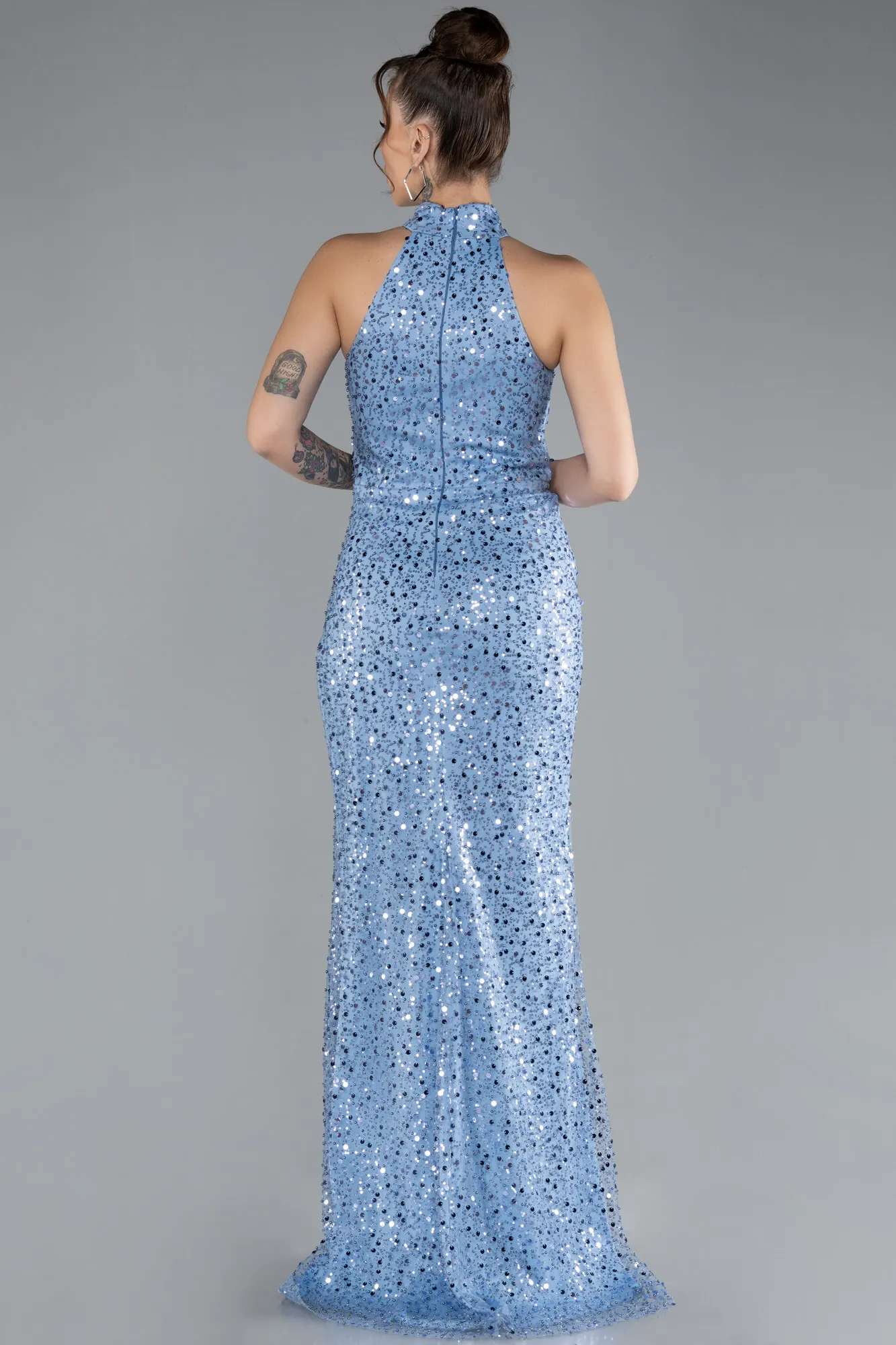 Indigo-Halter Neck Slit Long Scaly Evening Gown ABU4376