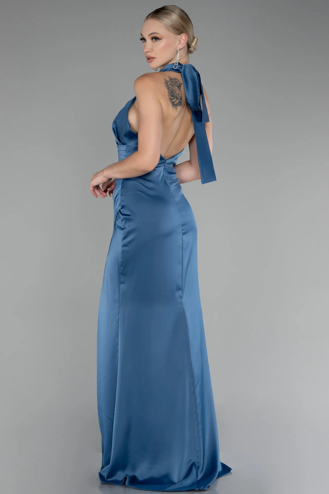 Indigo-Halter Neckline Slit Satin Evening Dress ABU4109