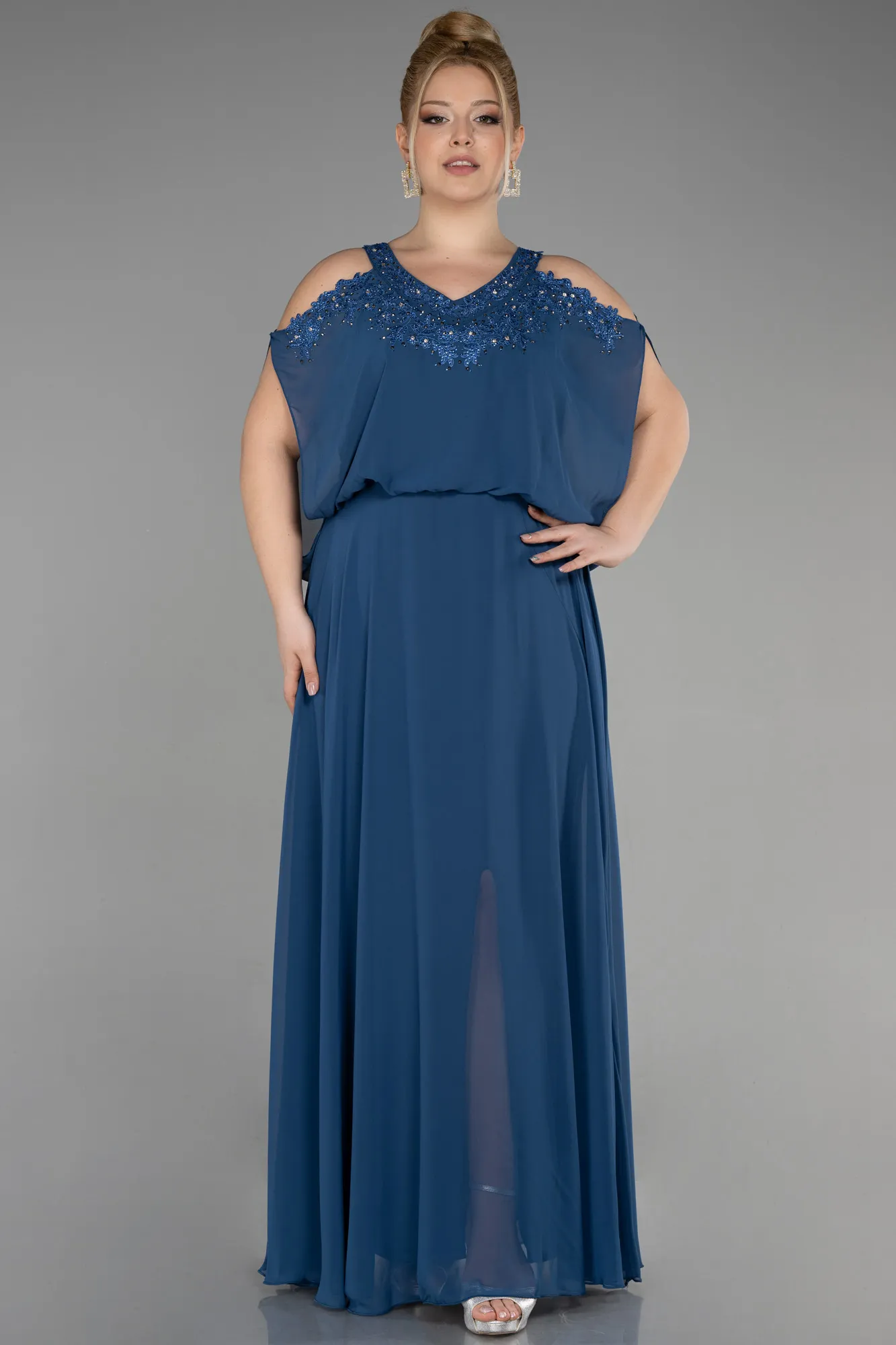 Indigo-Long Chiffon Designer Plus Size Gowns ABU3649