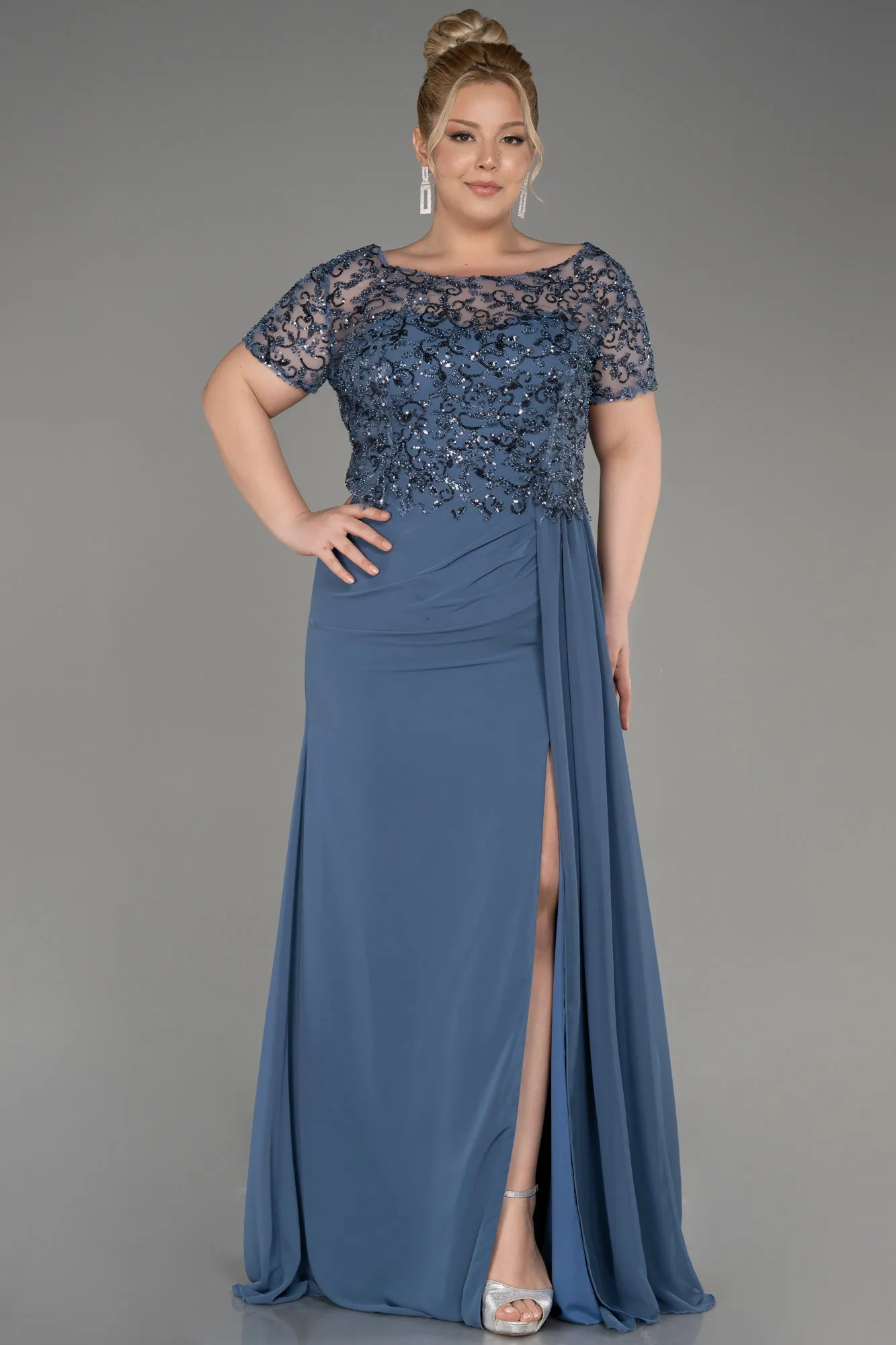 Indigo-Long Chiffon Plus Size Engagement Dress ABU3731