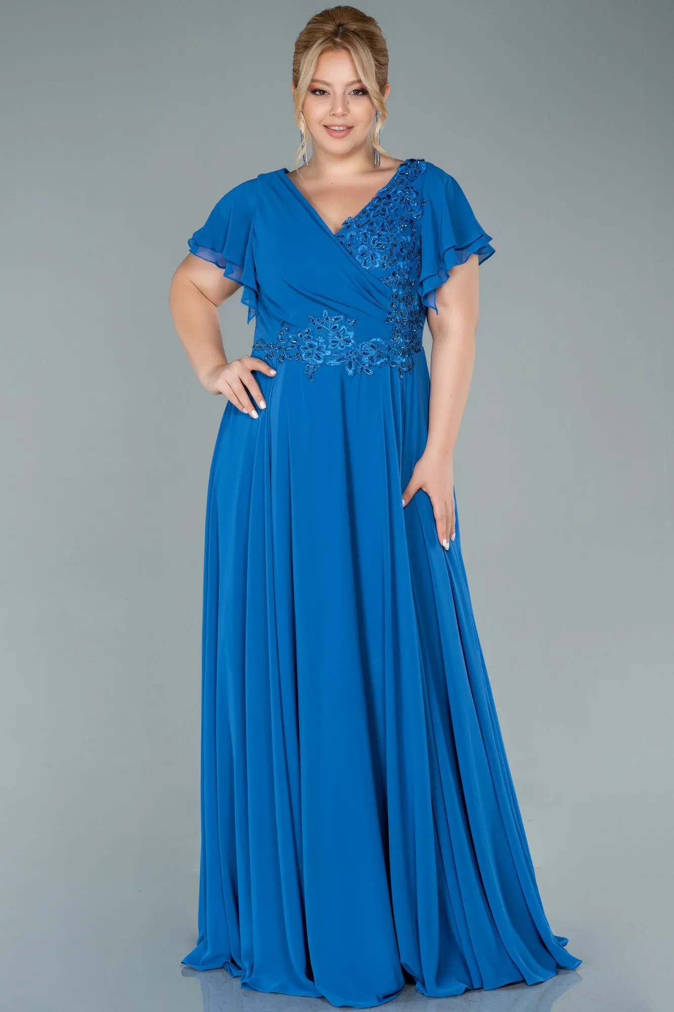 Indigo-Long Chiffon Plus Size Evening Dress ABU2576