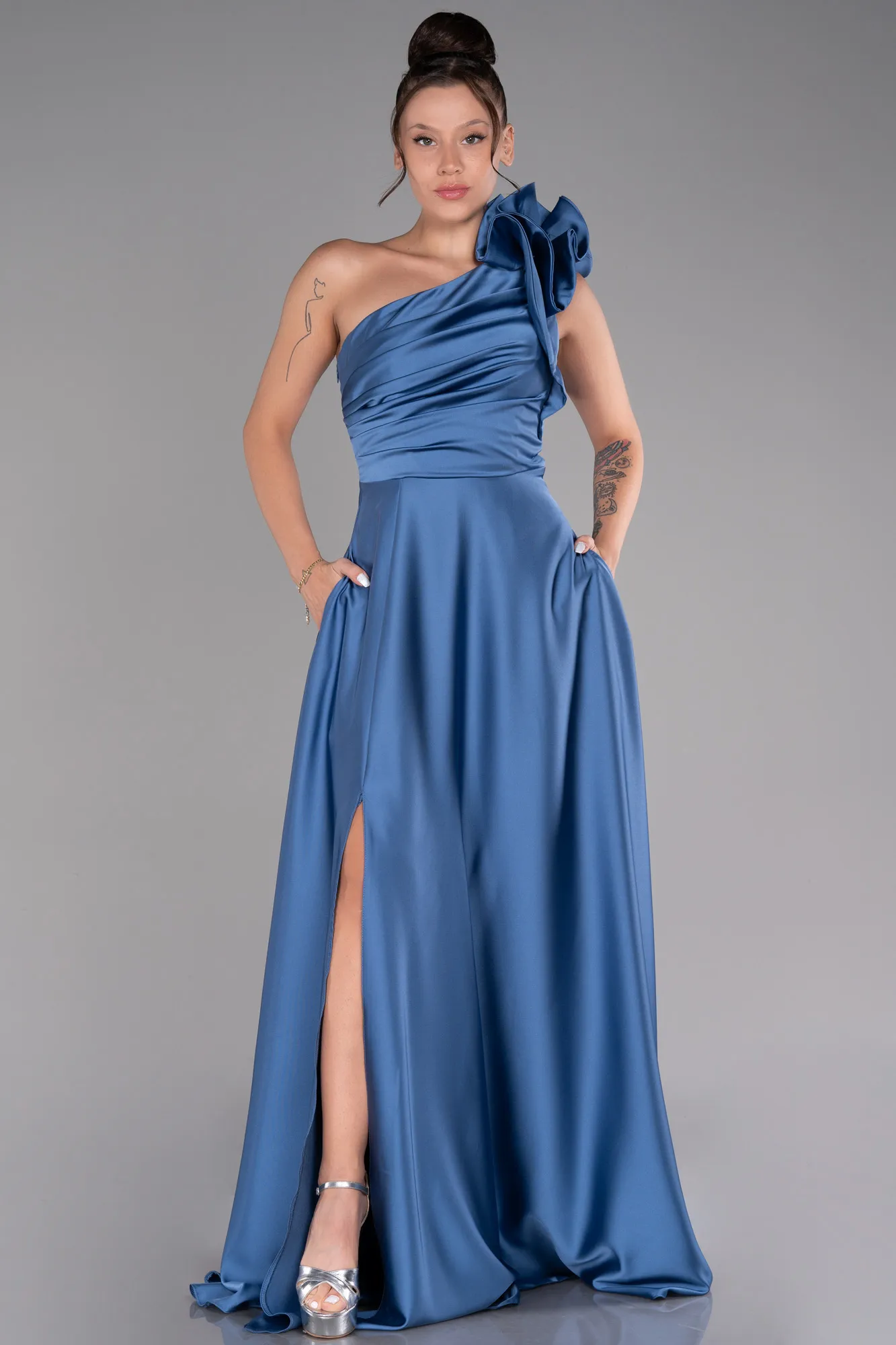 Indigo-Long Satin Evening Dress ABU4189